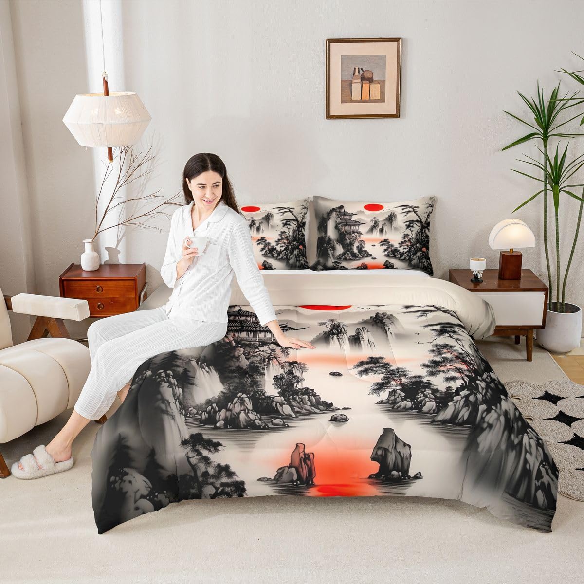 jejeloiu Chinese Ink Painting Bedding Set Soft for Boys Girls, Red Sun Comforter Set Queen Size Mountain Duvet Quilt Microfiber Japanese Style Bedroom Decor 3 Pcs with 2 Pillow Cases