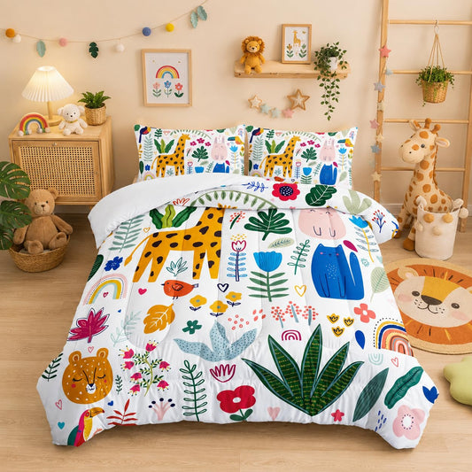XYNHML Kids Cute Cat Comforter Set Twin Size 3Pcs Cartoon Pet Rainbow Giraffe Fishing Bedding Set Lovely Animal Parrot Flower Quilt Bed Set for Children Girls Boys Room Decor