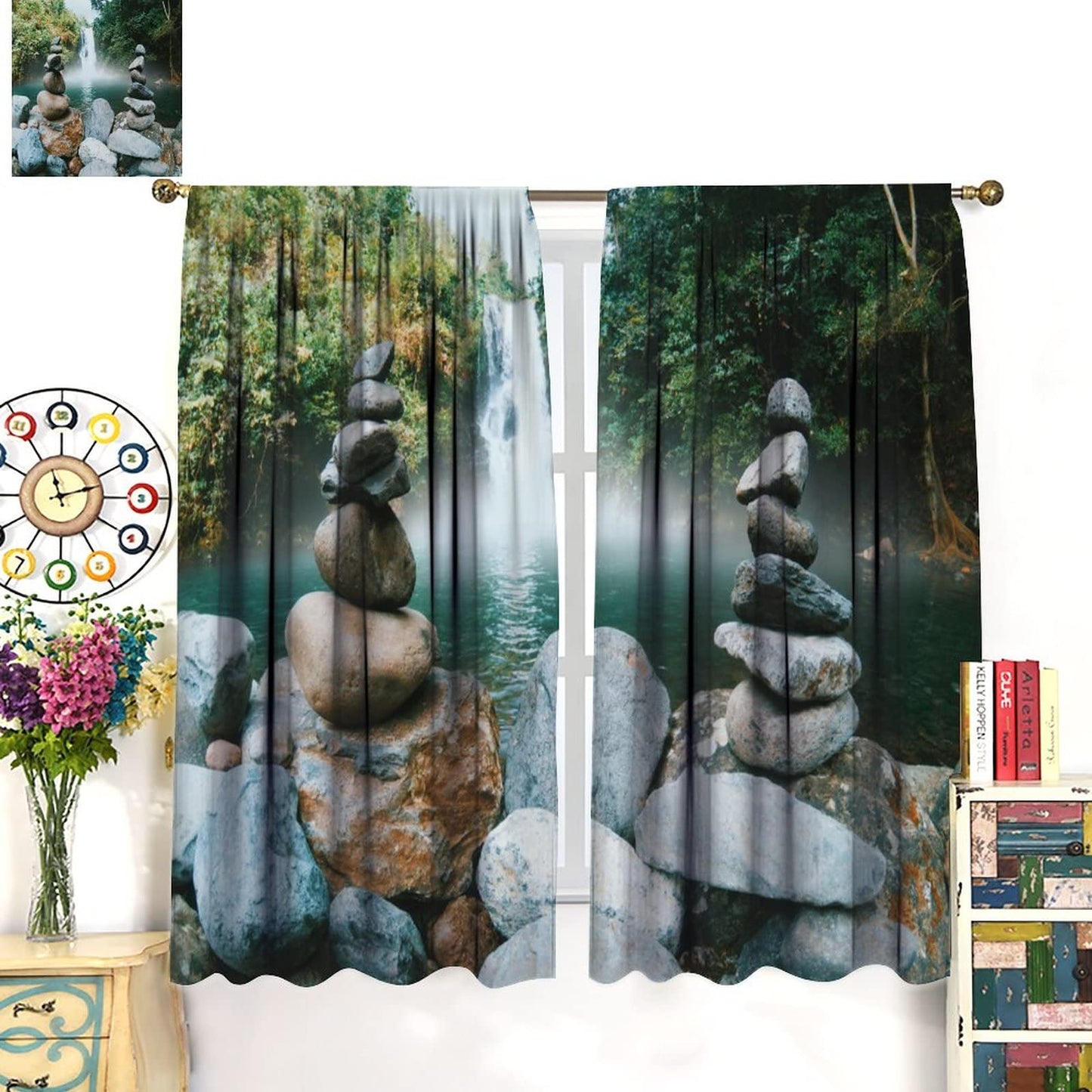 DDCBNS Natural Zen Curtains,Forest Landscape Waterfall Stone Printed Art Design Polyester Fabric Curtains for Bedroom Living Room Kitchen Rod Pocket Window Drapes 2 Panels Set,Total Size 42" x 45"