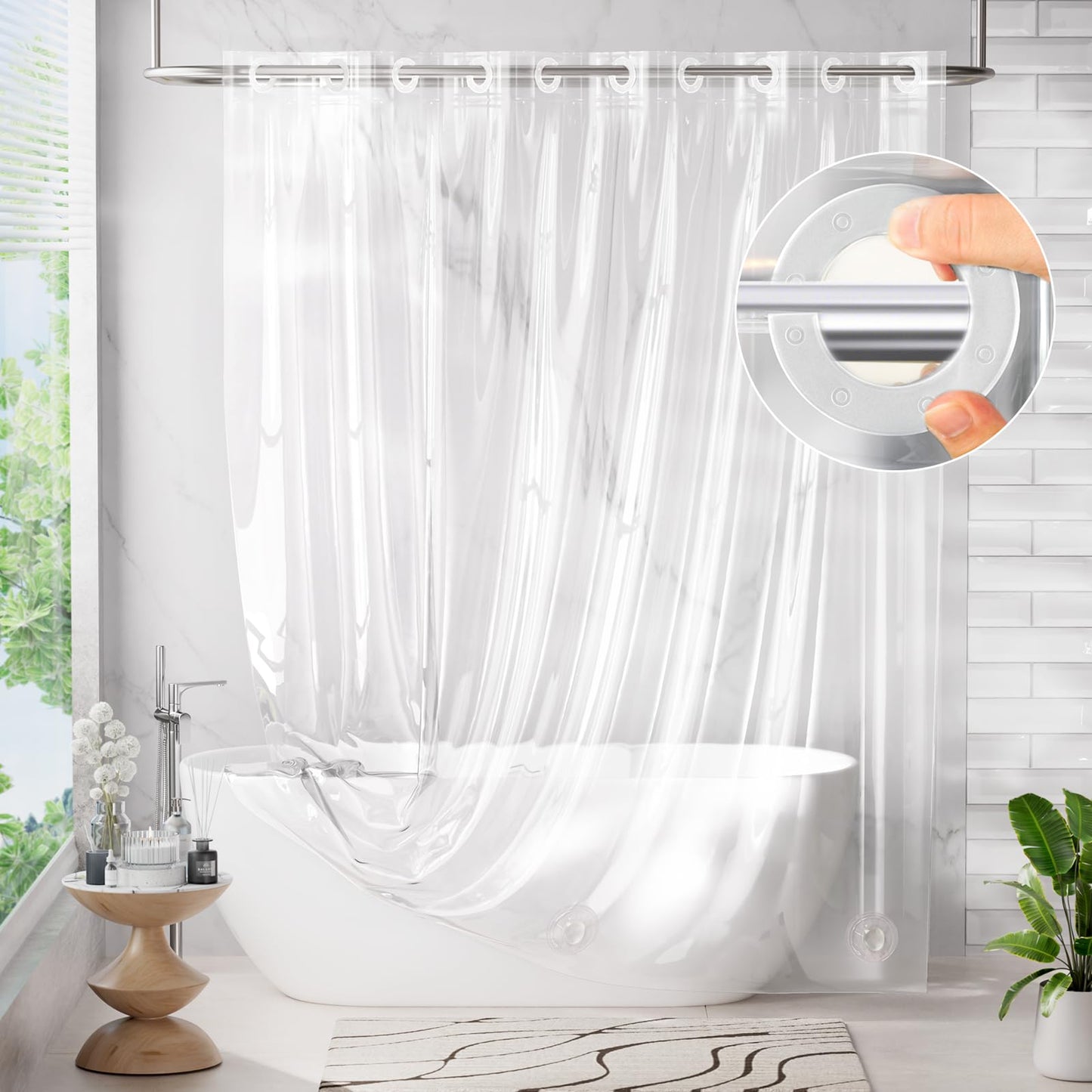 AmazerBath No Hook Shower Curtain and Liner 3-in-1, 100% EVA Luxury Soft Heavy Duty Clear Shower Liner, 72x75 Hookless Shower Curtain with 3 Heavyweight Stones