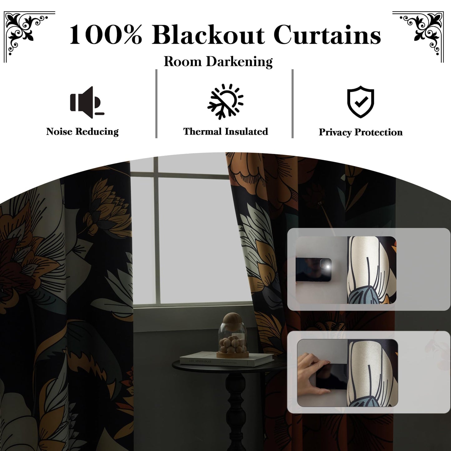 Tyrot Black Boho Floral 100% Blackout Curtains for Bedroom 84 inch Long 2 Panels Mid Century Botanical Black Out Curtains for Living Room Grommet Thermal Insulated Room Darkening Window Drapes,52Wx84L