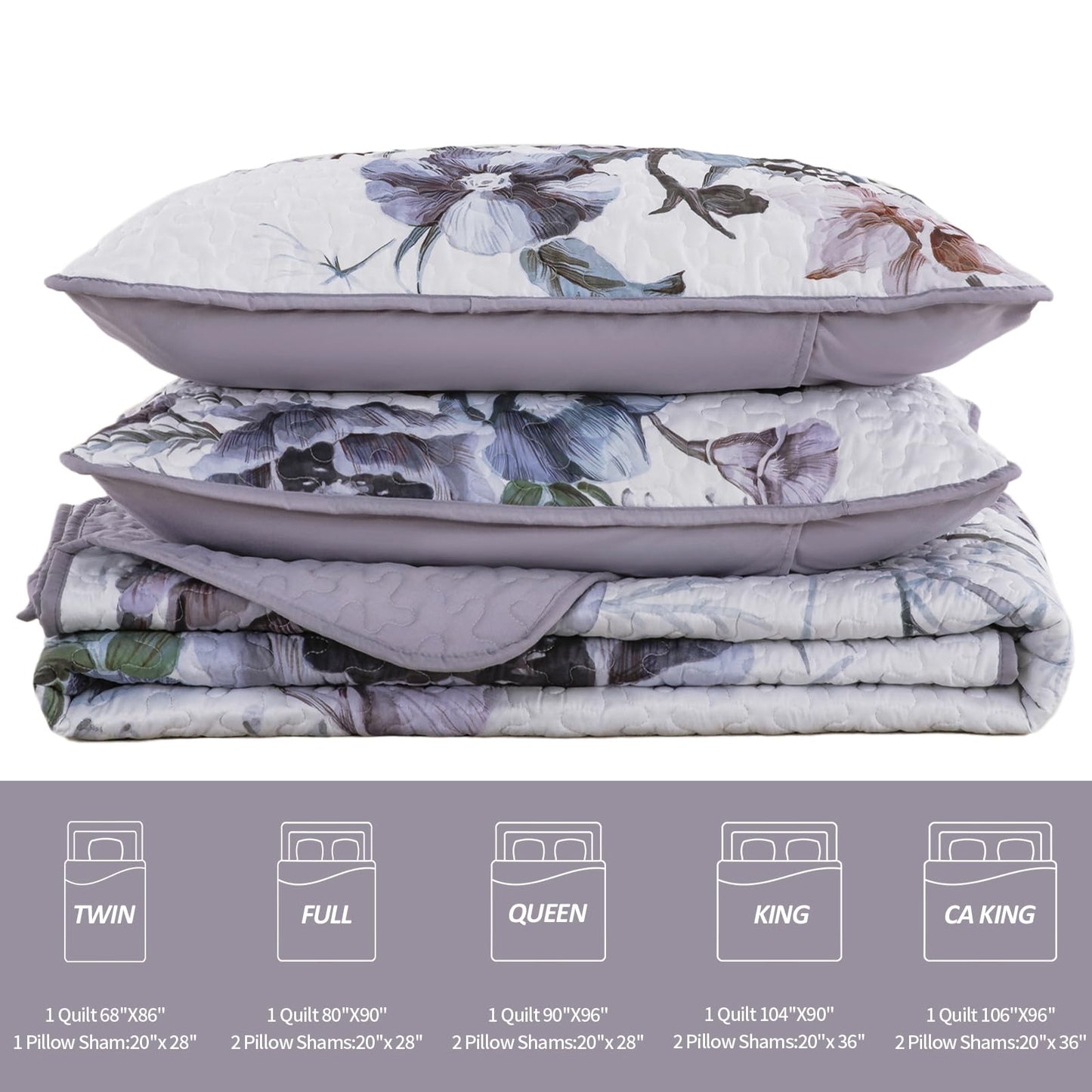 3 Pieces Floral Quilt Set Full Purple Flower Pattern Quilt Coverlet Set Soft Microfiber Lightweight Boho Purple Floral Quilted Bedspread for All Season 80"x90"