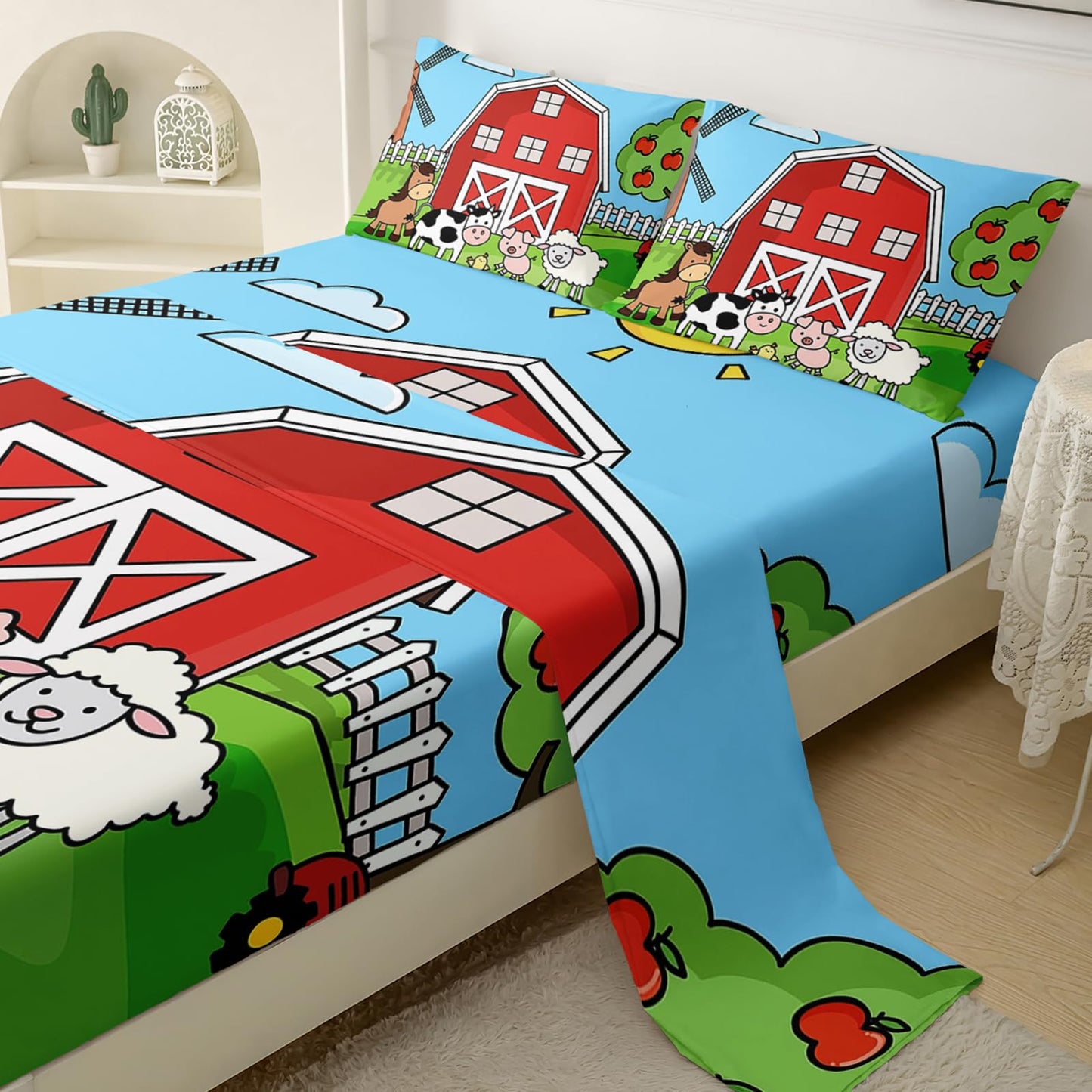 QOOMO Farm Animal Sheet Set,Farmhouse Kids Bed Sheets,Cartoon Animals 16" Deep Pocket Bed Sheet Set for Boys/Girls/Kids/Teens，1 Fitted Sheet,1 Flat Sheet and 2 Pillowcases，Twin Size