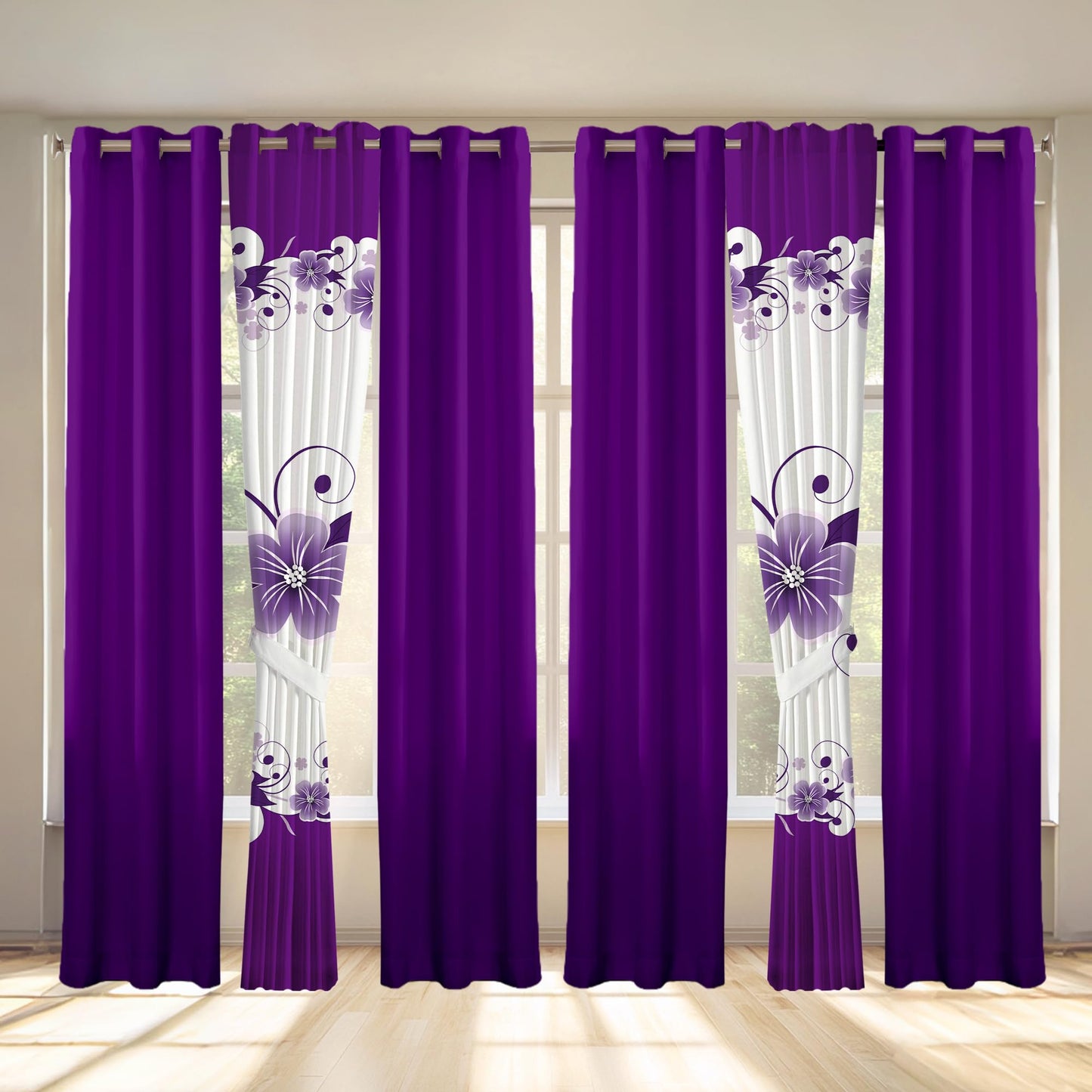 Deepsleep King Bedspread Set 9 Pieces, All Season Luxury Bed in a Bag for Bedroom, with 2 Pillowcases and 6 Curtains, Ultra-Soft Microfiber for Complete Bedroom Decor, Purple Gardenia Flower