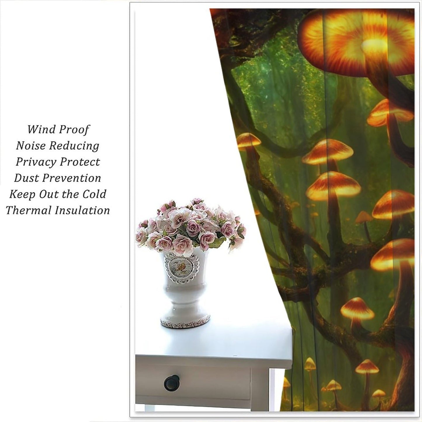 Fantasy Mushrooms Blackout Curtains,Forest Misty Jungle Background Gothic Style Room Darkening Door Window Rod Pocket Curtain for Living Room Bedroom W42xL45in