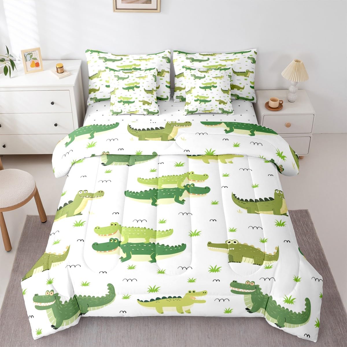 Erosebridal Crocodile 7 Piece Bedding Set King Grass Comforter Set with Sheets Hand Drawn Cartoon Crocodile Simple Bed in a Bag Cute Green Crocodiles Grassland for Kids Boys Girls