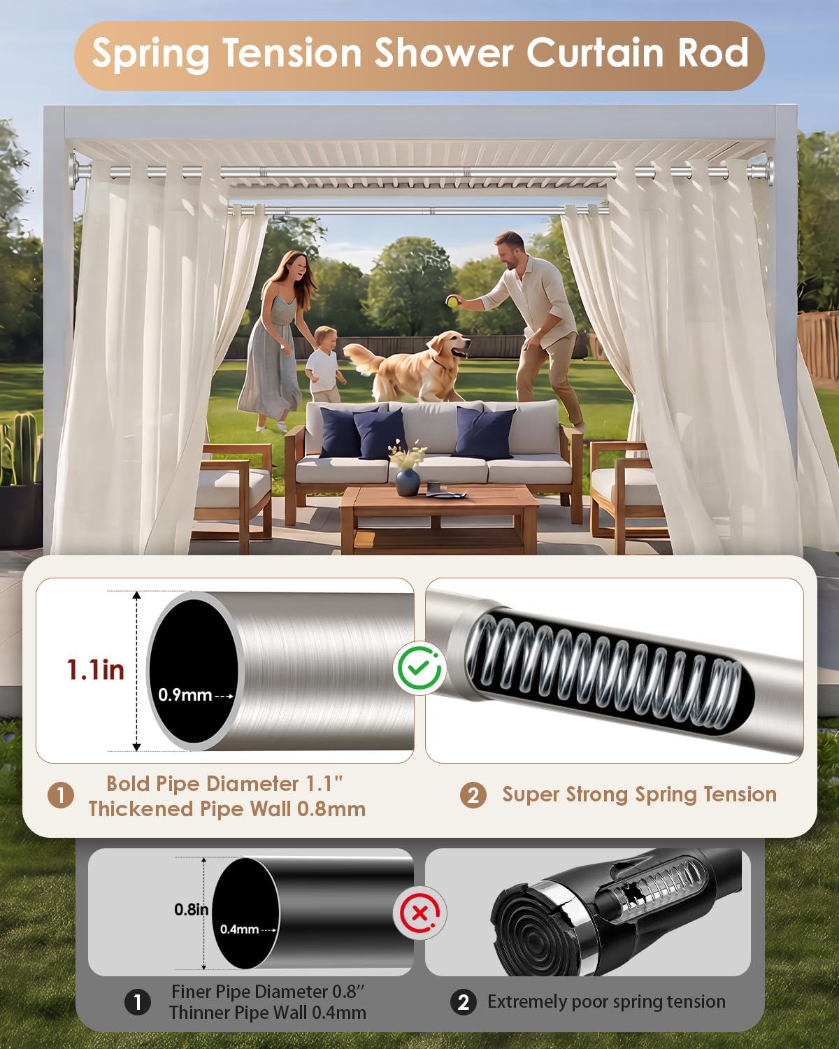 Haryaers Nickel Tension Shower Curtain Rod 30-96 In (8ft) 1.1" Diameter Stainless Steel, Rustproof Heavy Duty, No Drilling Adjustable Room Divider for Bathroom Window Patio Closet