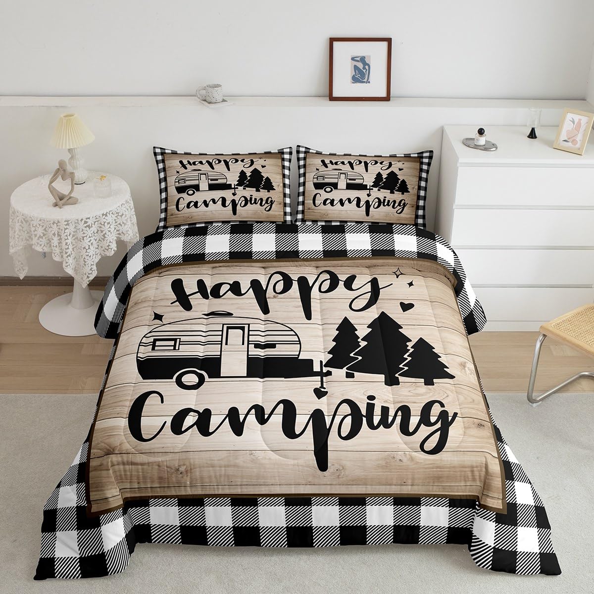 Grid Camper Comforter Set Queen Size for Kids Teens Adults Home Room Decor,Brown Rustic Farmhouse Barn Bedding Set 3pcs,Cartoon RV Trailer Pine Quilt Set Happy Camping Duvet Insert,2 Pillowcases