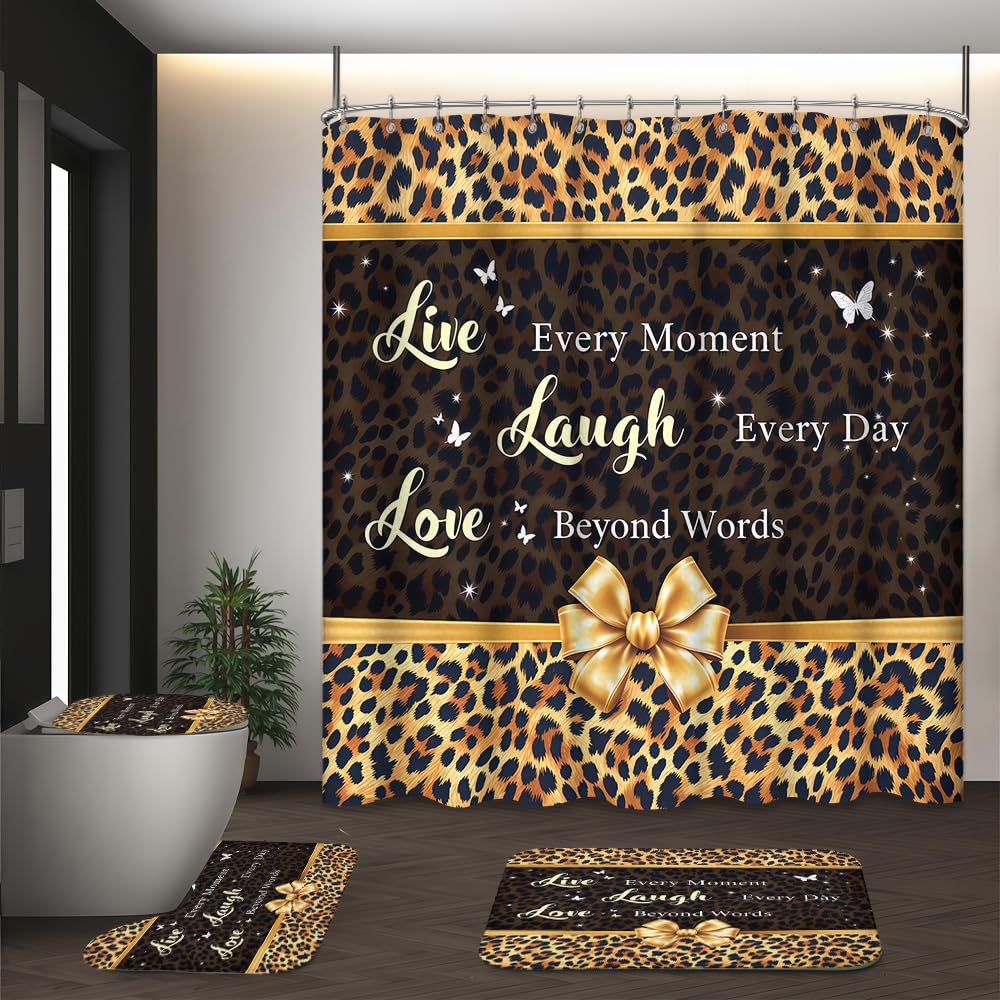 Waitaikong 4Pcs Live Laugh Love Leopard Print Shower Curtain Set, Glam Animal Print with Gold Bow Motivational Quote Bathroom Decor, Waterproof Fabric Bath Set with 12 Stainless Steel Hooks, 72x72