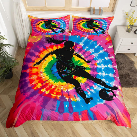 Soccer Duvet Cover Set Queen Size, Football Player Bedding Set 3pcs for Kids Boys Girls Bedroom Decor, Colorful Tie Dye Comforter Cover Sports Gaming Theme Quilt Cover with 2 Pillowcases,No Comforter