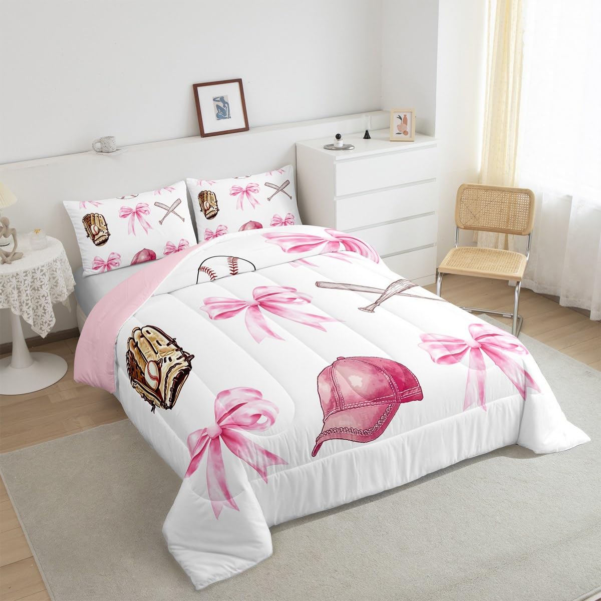 Castle Fairy Baseball Girls Full Bedding Set,Pink Bow Sport Lover Comforter Bed Set Teens Women Bedroom Decor,Cartoon Ball Hat Glove Quilt Set 3 PCS,Pink White Kids Duvet Insert,2 Pillow Cases