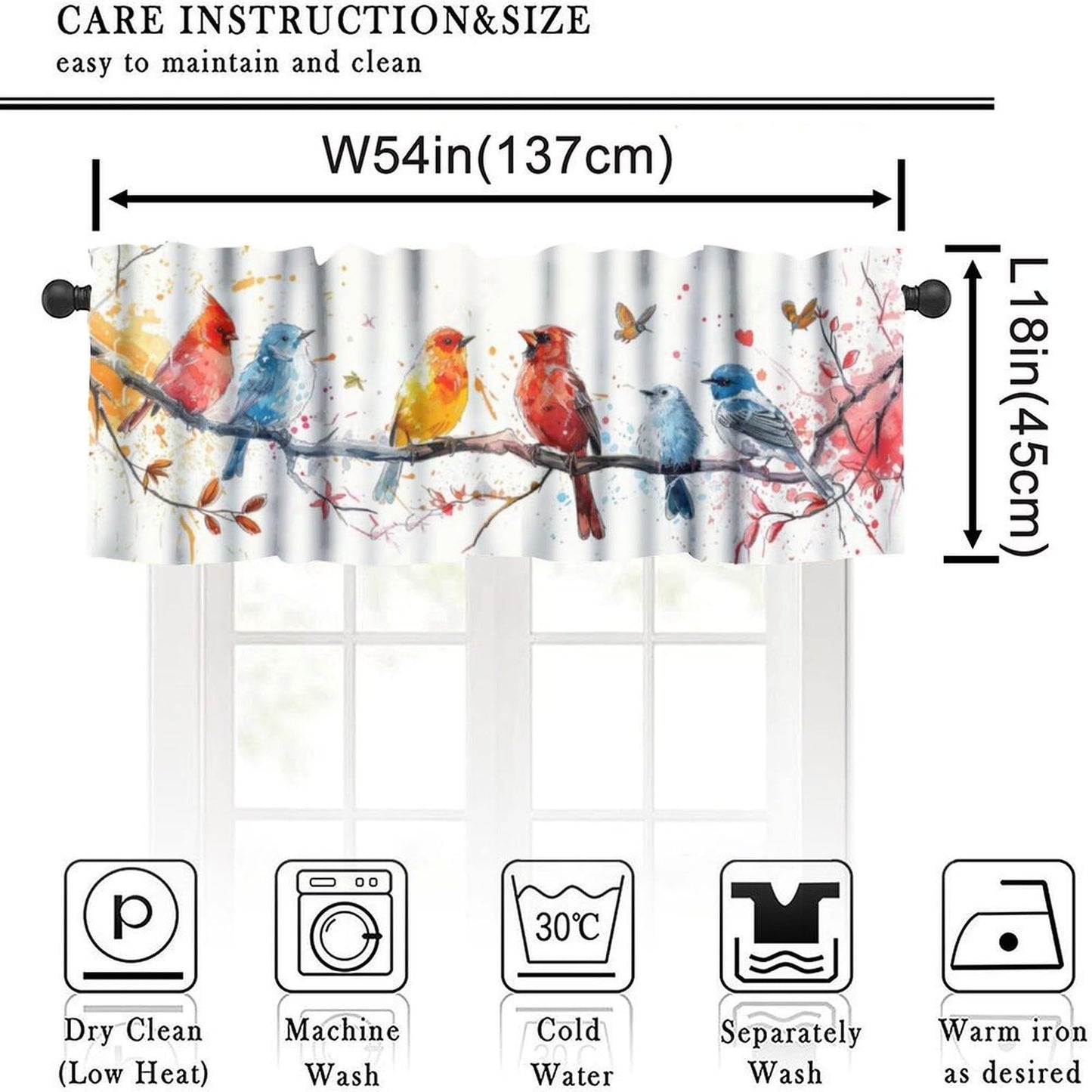 Yearn Jear Spring Bird Flowers Kitchen Curtain Valance,Floral Nature Animal Colorful Birds Rod Pocket Curtain Valance for Kitchen, Bathroom, Living Room, Bedroom 54 X 18 inch 1 Panel