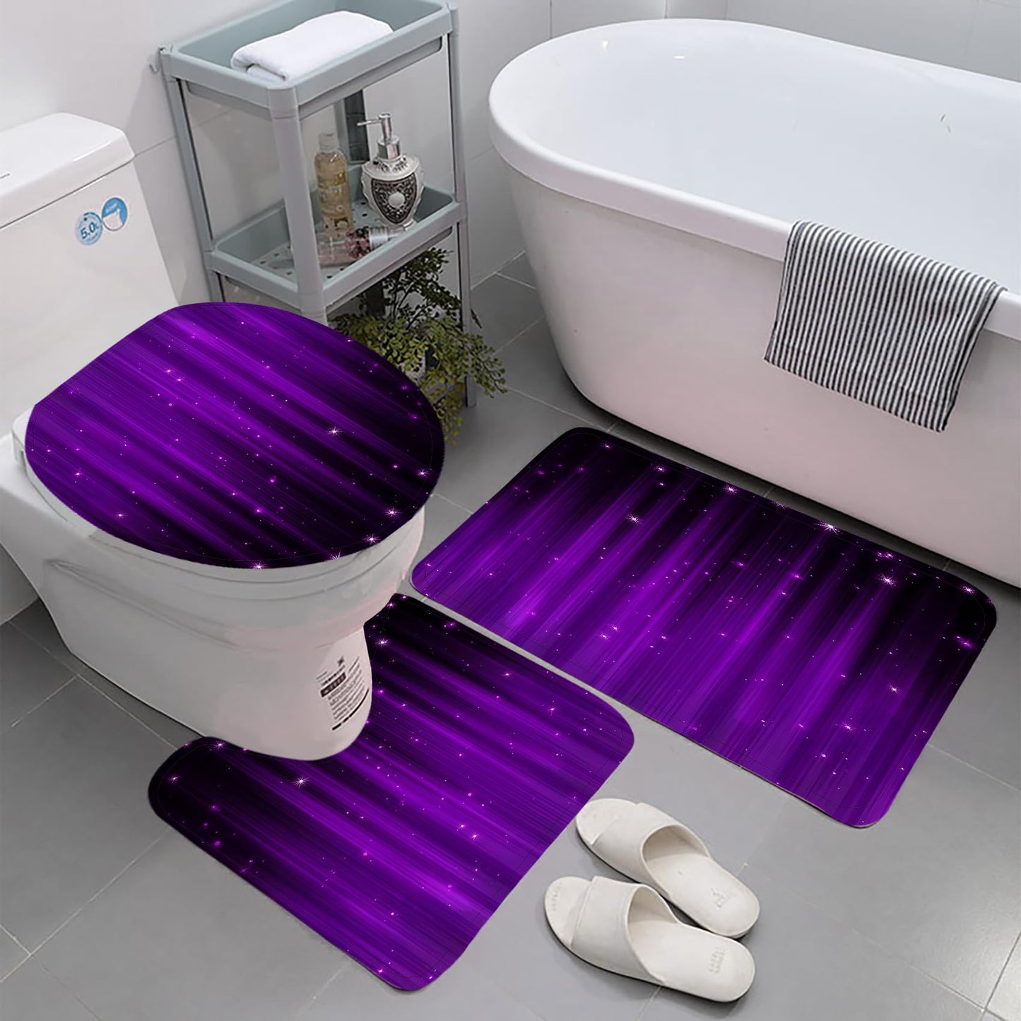 Yddsky 4 Pcs Purple and Black Shower Curtain Sets Non-Slip Rugs Bath Mat Toilet Cover, U-Shaped Mat, Gradient Shower Curtain with 12 Hooks, Black and Purple Bathroom Set