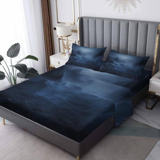 NOGAWA Misty Mountain Sheets King Size, Landscape Bed Sheets, Patterned Bedding Sheets & Pillowcases 4 Piece Set - Soft Microfiber Deep Pocket Fitted Sheet & Flat Sheet & 2 Pillow Cases