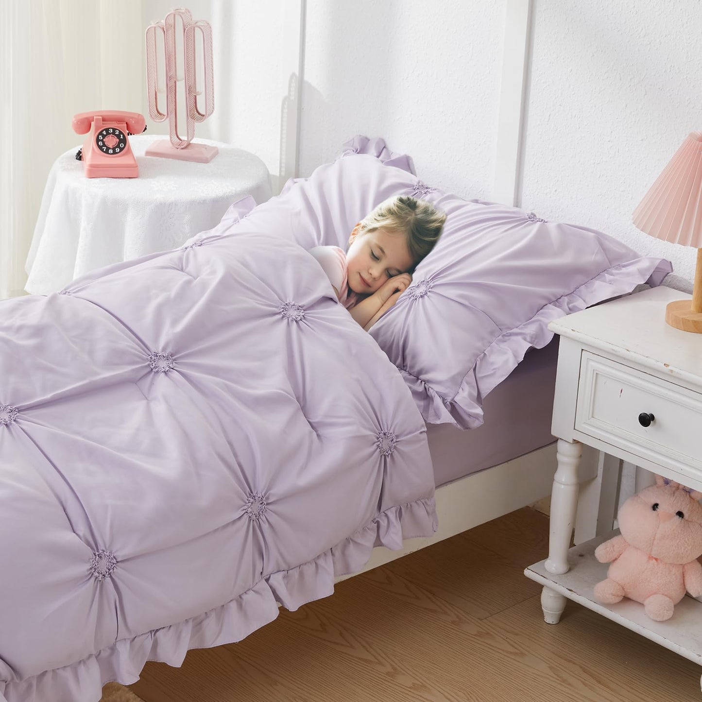 Wowelife Princess Toddler Bedding Set for Girls, 4 Piece Ruffles Jacquard Embroidery Toddler Bed Sheets with Boho Toddler Comforter, Fitted Sheet, Flat Sheet and Pillowcase, Purple