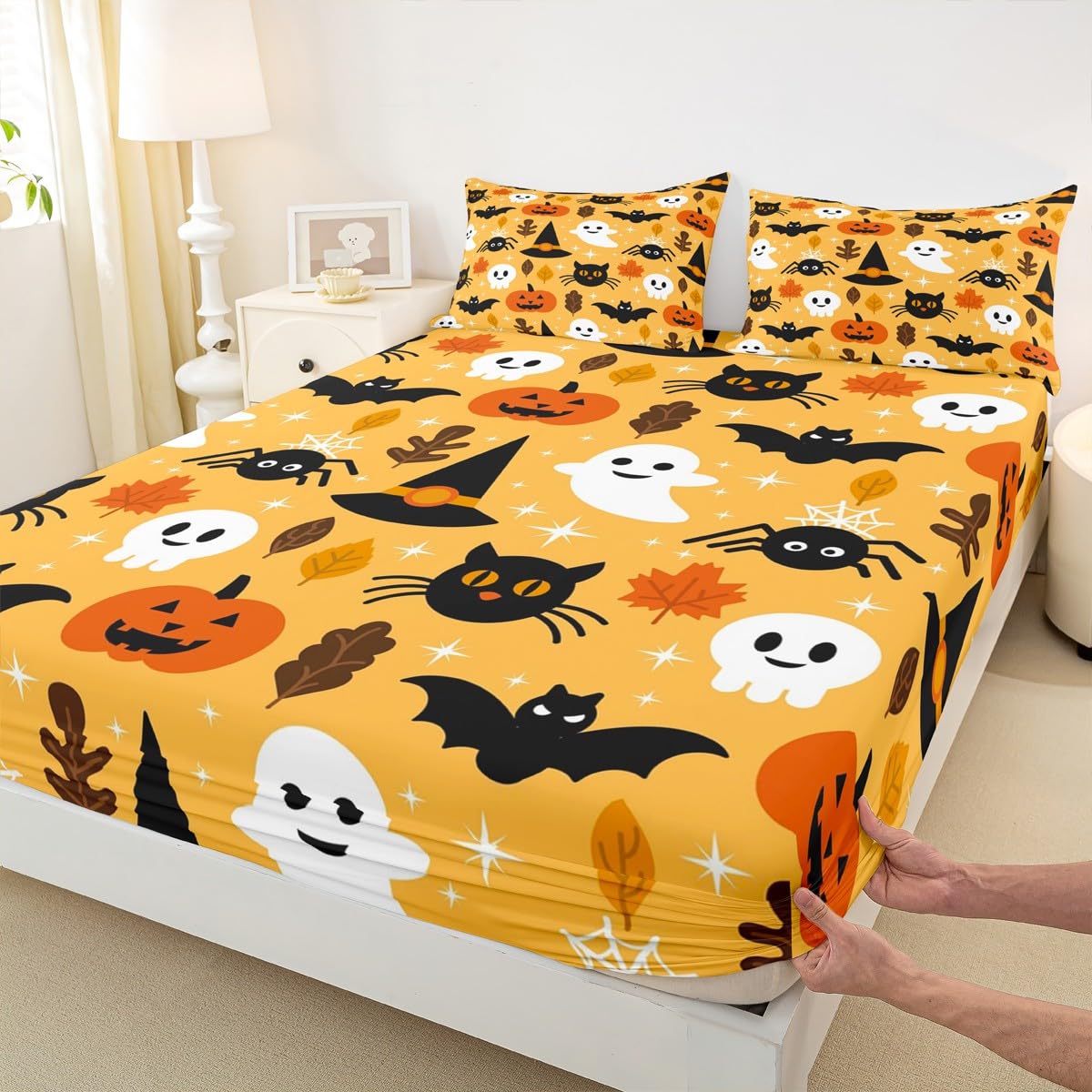 Erosebridal Halloween Bed Sheet Set Full Cartoon Pumpkin Fitted Sheet Lantern Bedding Set Ghost Quilt Set for Kids Boys Girls 4 Pcs Bed Cover (1 Fitted Sheet,1 Flat Sheet,2 Pillowcases) Orange