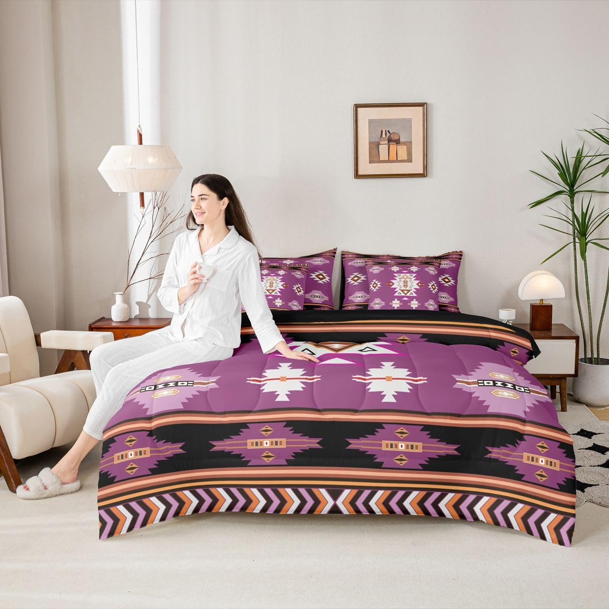 Erosebridal Western Comforter Set 7 Piece Bed in a Bag Twin | Bohemian Decor Geometric Bedding Sets Boho Aztec Comforter and Sheet Set, Ethnic Tribal Arrow Bed Sets,Purple