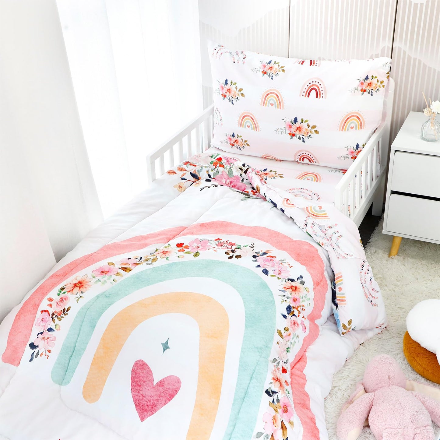 Toddler Bedding Sets for Girls, Rainbow Toddler Crib Bedding Set 4 Piece Pink Floral Toddler Comforter Set Includes Flat Top Sheet, Fitted Sheet, Comforter, Envelope Pillowcase, Soft & Comfort