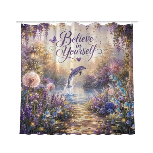 REZHOCH Cute Funny Dolphin Shower Curtain 72x72 Inch,Dreamy Garden Home Bathroom Decor,Believe in Yourself Lavender Floral Cottagecore Farmhouse Boho Nature Woodland Bath Set