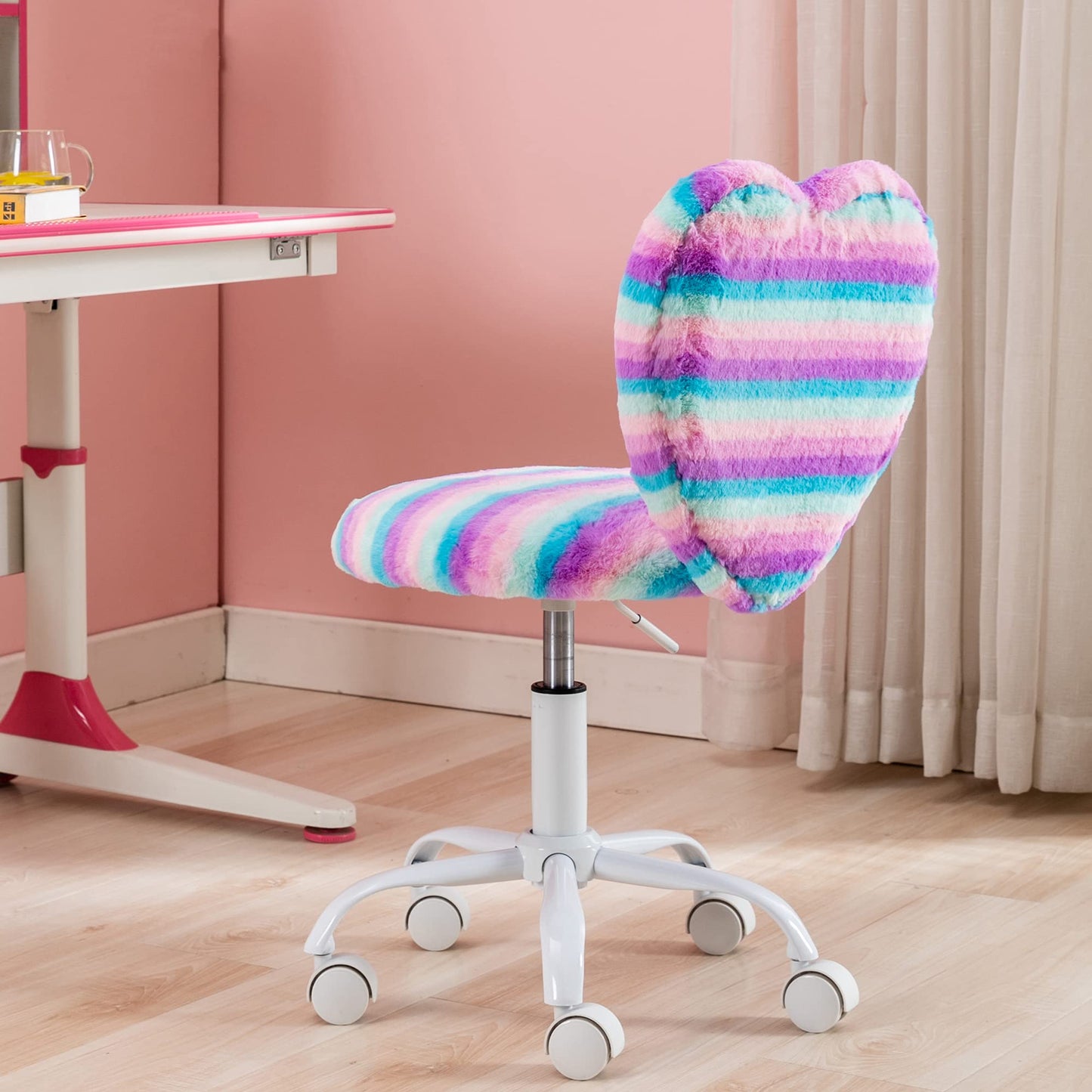 DM Furniture Small Desk Chair Swivel Kids Office Chair Fuzzy Student Computer Task Chair Faux Fur Vanity Chair Cute Heart Chair for Girls Boys Bedroom, Rainbow