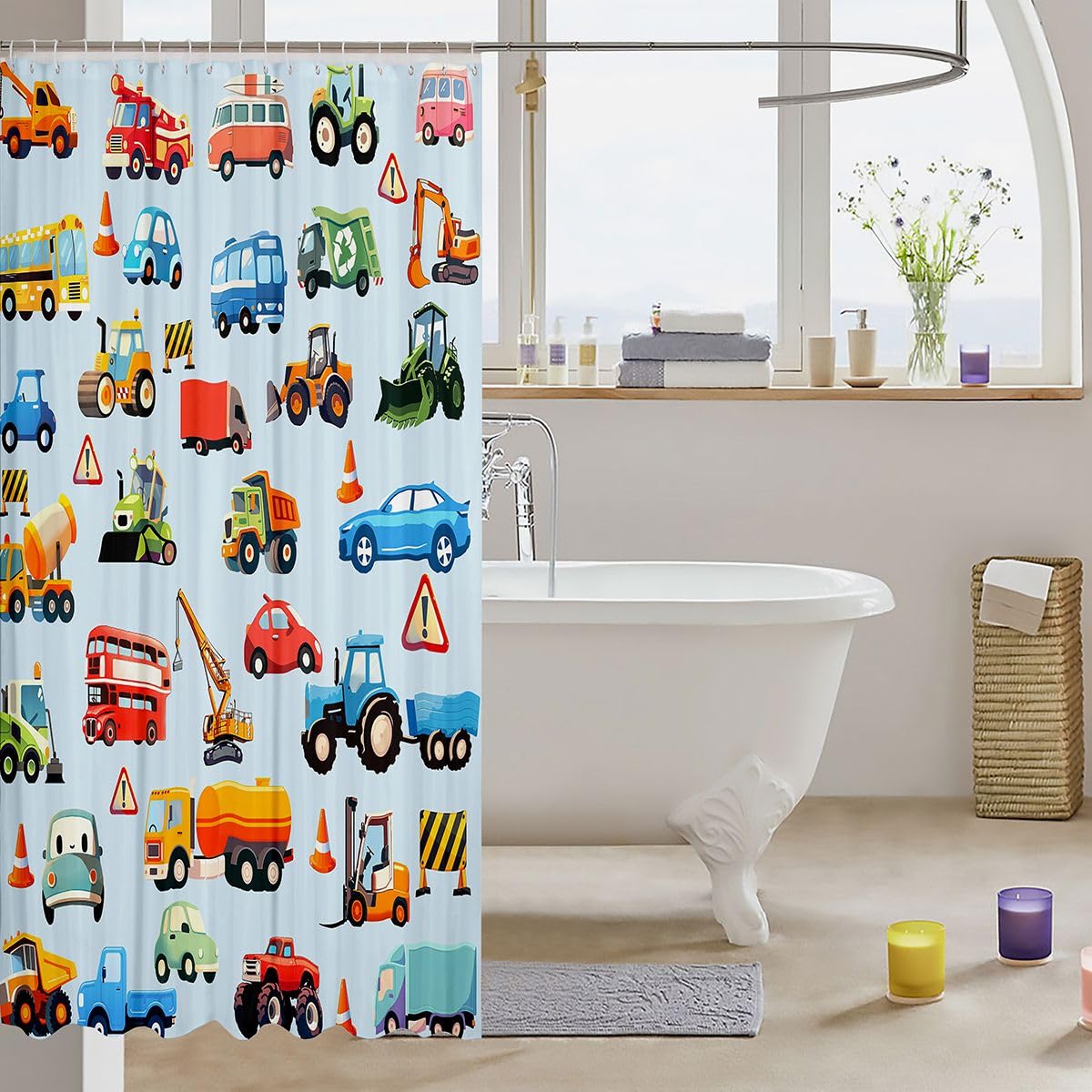 Cartoon Car Bathroom Waterproof Accessories with 12 Hooks Teens Cartoon Transportation Car Decor Fabric Shower Curtains for Kids Boys Girls Truck Bus Taxi Shower Curtain Vehicles Blue,72x72 Inches