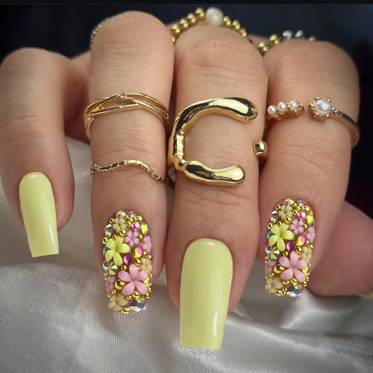 MISUD Press on Nails - Long Square Fake Nails with Yellow, Acrylic Flower Rhinestone Design 24 pcs