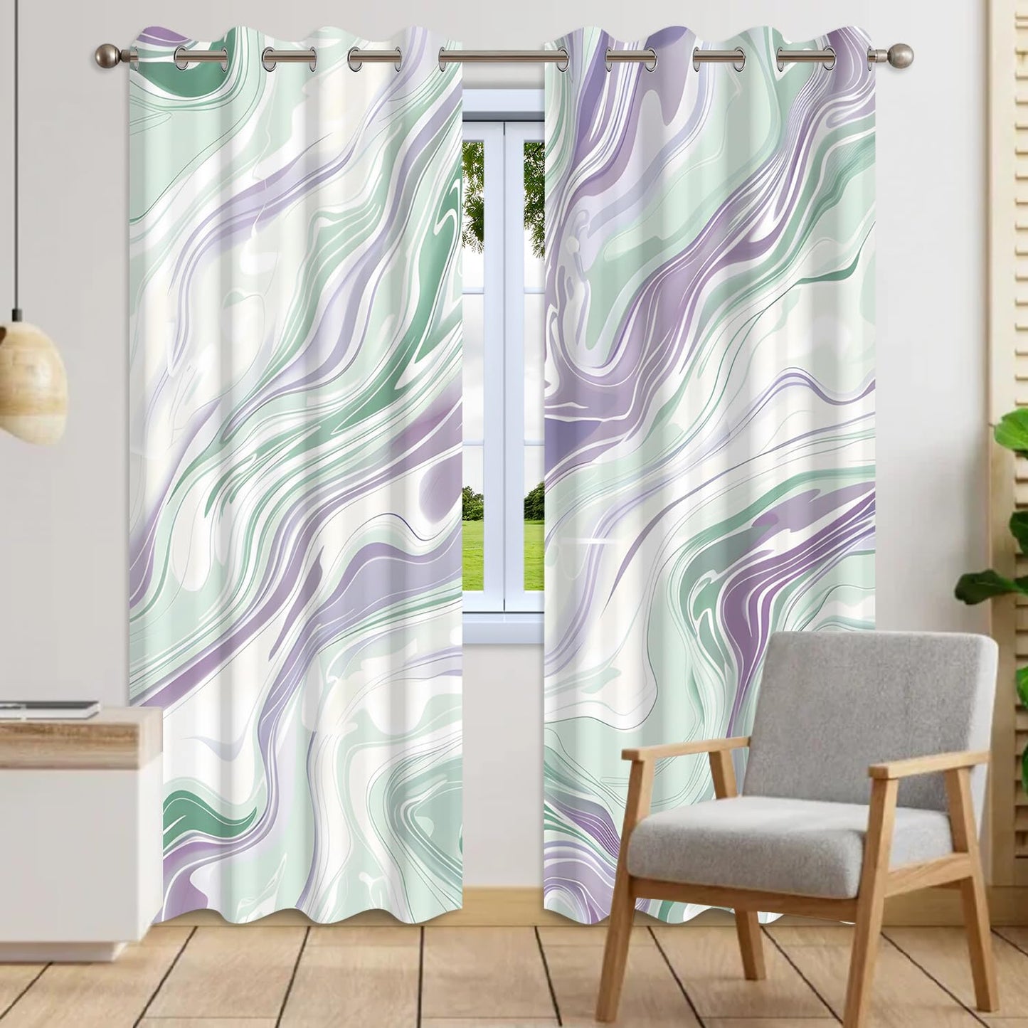Xiazhilaio Abstract Fluid Art Blackout Curtains 2 Panels Set - Mint Green & Lavender Marble Pattern Window Drapes, Thermal Insulated Room Darkening Curtains for Modern Bedroom Decor, 52x84 Inch