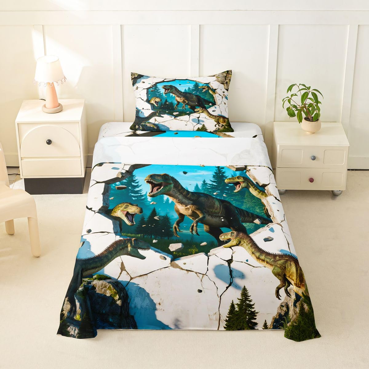 Feelyou Dinosaur Bed Sheets Set Twin Size 3D Digital Print Deep Pocket Fitted Sheet Jungle Dino Bedding Sets Wild Animal Soft Bed Set 3Pcs with 1 Pillow Cases Blue White Green