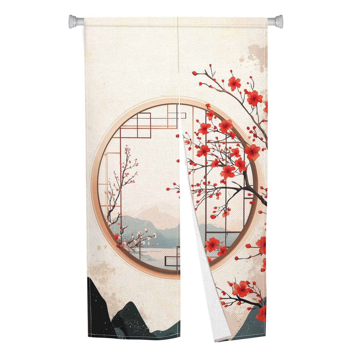 Leowefowa Japanese Noren Curtain Doorway Window Red Blossom Printed Treatment Feng Shui Long Curtain Doorway Tapestry Panel for Room Divider Kitchen Home Chinese Decor (Kahki, Mount), 33.5"x 70.9"