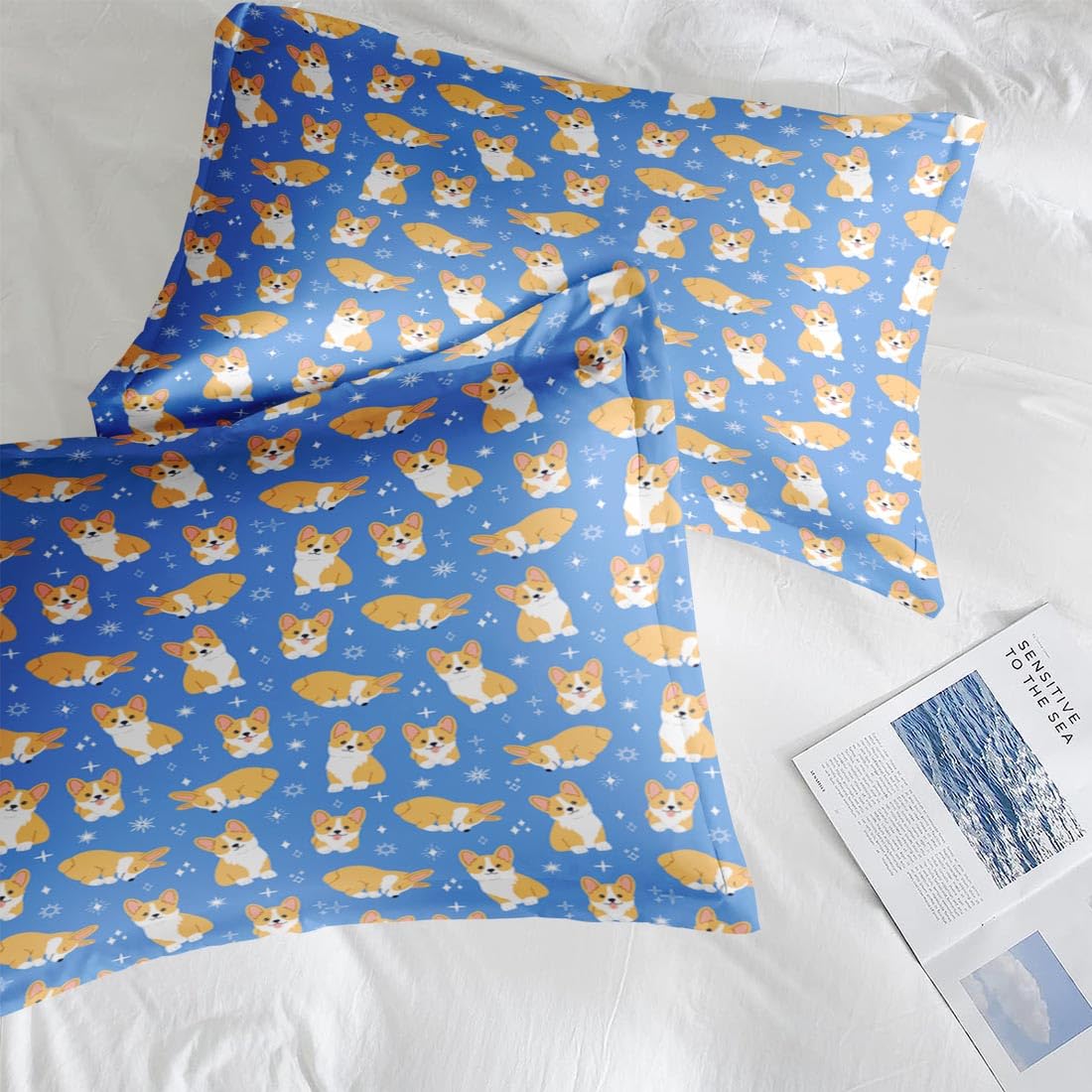 Pamnest Queen Size Bed Sheet Sets, Kawaii Cute Corgi Soft Microfiber 4 Pcs Bedding Sets for Kids and Adults Bedroom Bed Decor, Dog Animal Flat, Fitted Sheet and 2 Pillowcases