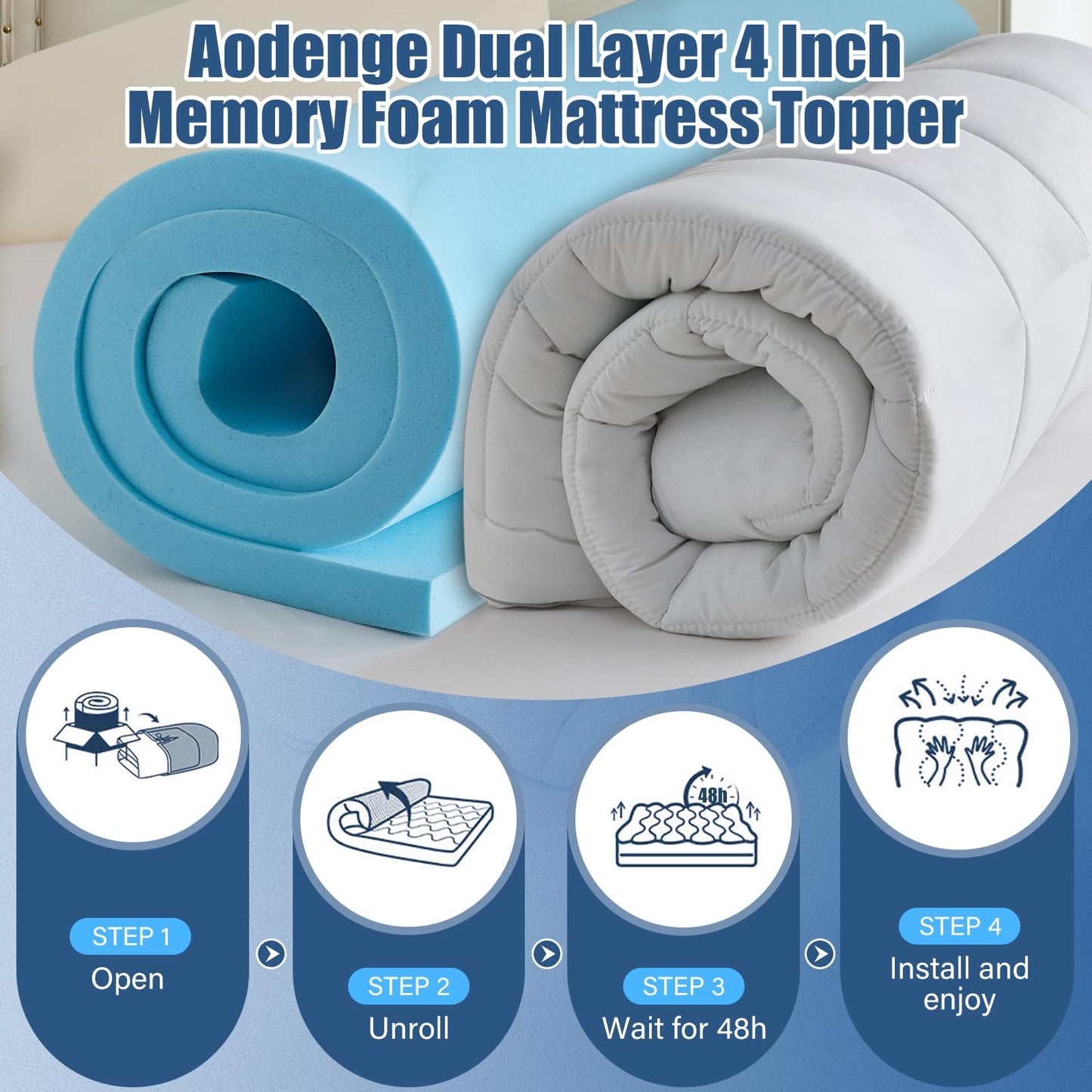 Aodenge 4 Inch Dual Layer Mattress Topper Queen Size, 2 Inch Cooling Gel Memory Foam and 2 Inch Down Alternative Pillow Top Pad for Back Pain, with 8-21 Inch Deep Pocket