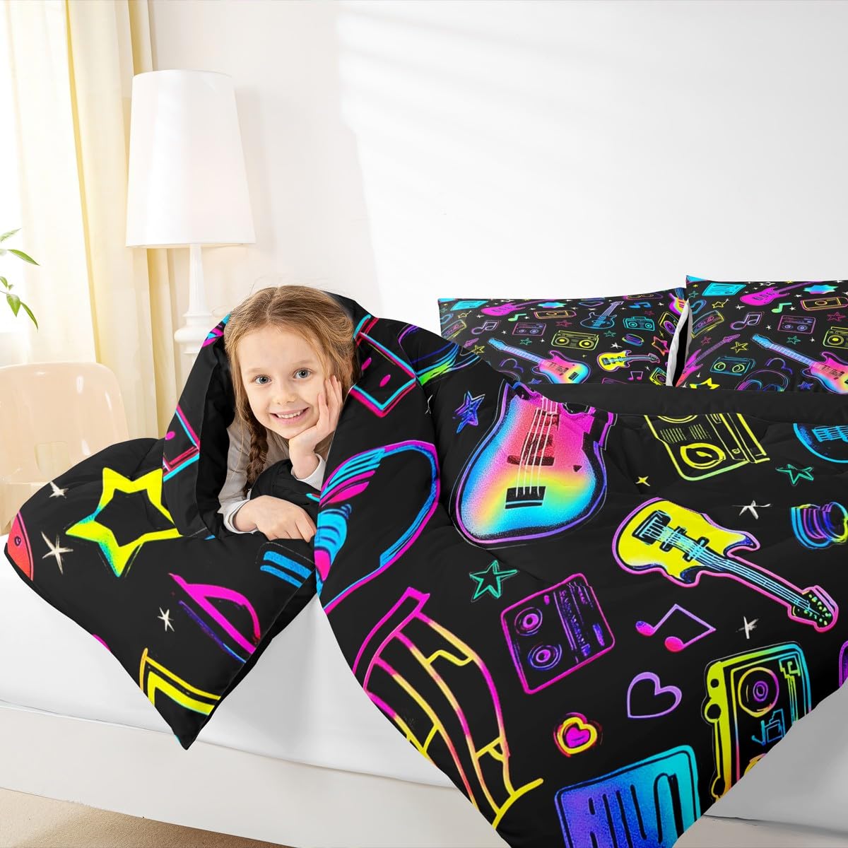 Erosebridal Music Theme Kids Comforter Sets Guitar Headphone Radio Queen Bedding Set for Boys Girls Rock Musical Instruments Comforter Set,Music Lovers Quilt Duvet 3 Pcs