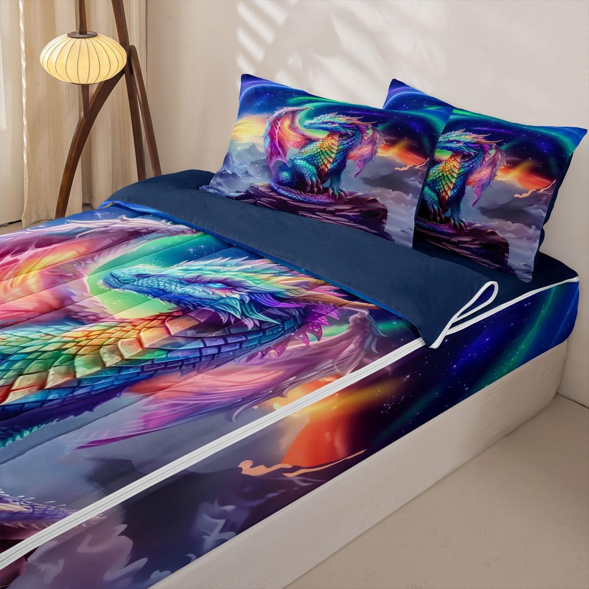 jejeloiu Flying Dragon Zipper Bedding for Kids Outer Space Galaxy Twin Comforter Set with Fitted Sheet 2 Pillowcases Aesthetic Aurora Bed in a Bag Fantasy Animal Soft Lightweight Microfiber