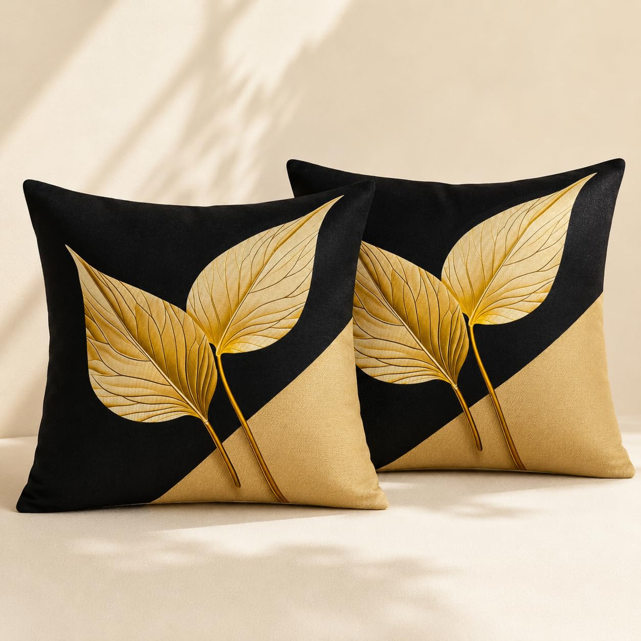 avpdupu Floral Pillow Covers 18x18 Inch Linen Set of 2 - Black and Gold Pattern Throw Pillow Covers for Sofa, Decorative Cushion Covers for Living Room and Outdoor Use