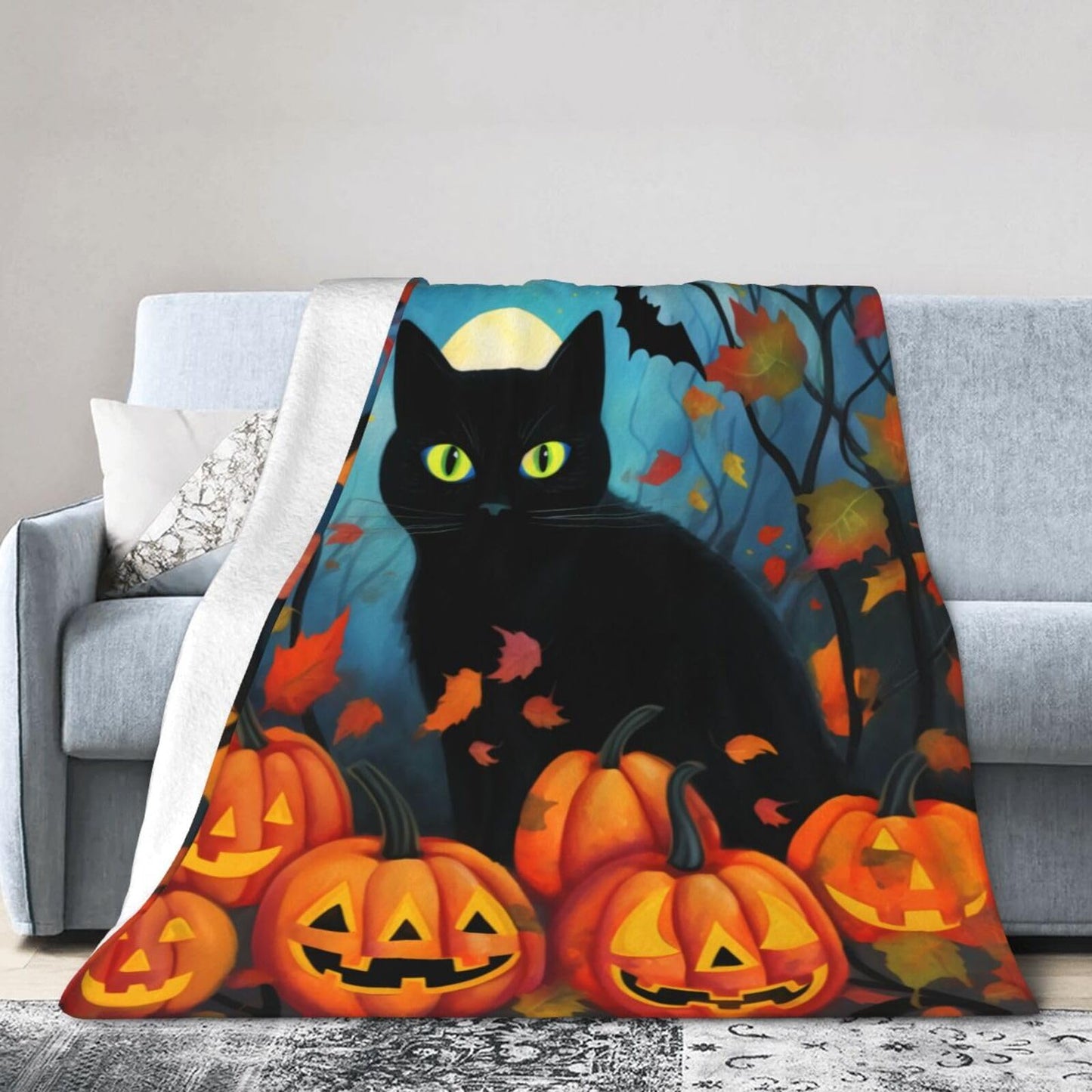 Ouqiuwa Black Cat Throw Blanket Halloween Pumpkin Plush Microfiber Flannel Fleece Blanket 50"x40" for Bed Sofa Couch Camping Travel