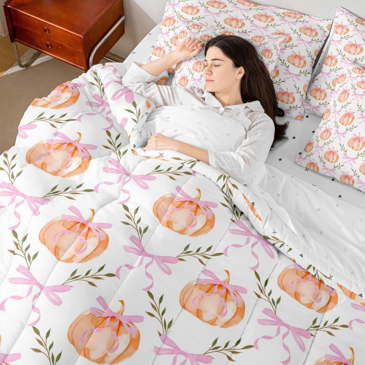 Castle Fairy 7 Pieces Fall Pumpkin Comforter Set Full Size,Pink Bow Grid Bedding Sets Kids Girls Boys Women Palm Leaves Nature Botanical Quilt + Fitted & Flat Sheets + 2 Cushion Cover + 2 Pillowcases