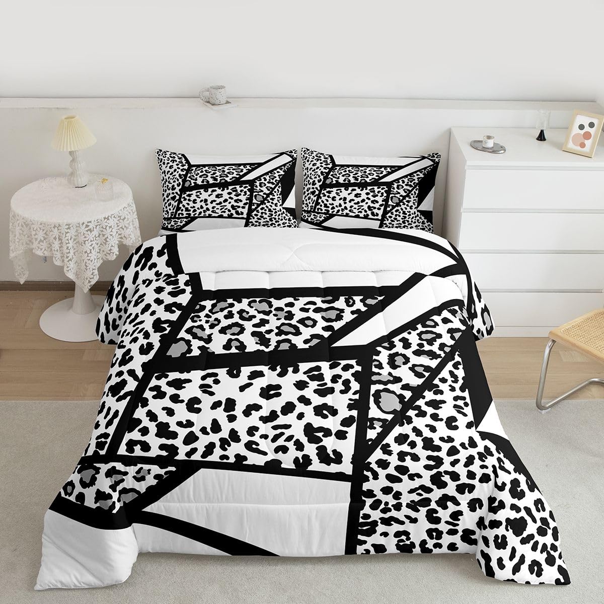 jejeloiu Leopard Print Kids Comforter Set Queen Size Animals Fur Splice Bedding Set Cheetah Duvet Quilt for Kids Boys Girls Bedroom Decor Microfiber Ultra Soft Breathable