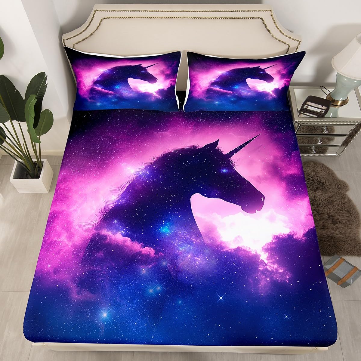 Erosebridal Unicorn Fitted Sheet Twin Size, Galaxy Bed Sheets, Starry Sky Horse Bedding Set for Kids Boys Girls, Modern Fashion Soft Breathable Home Room Decor, Purple