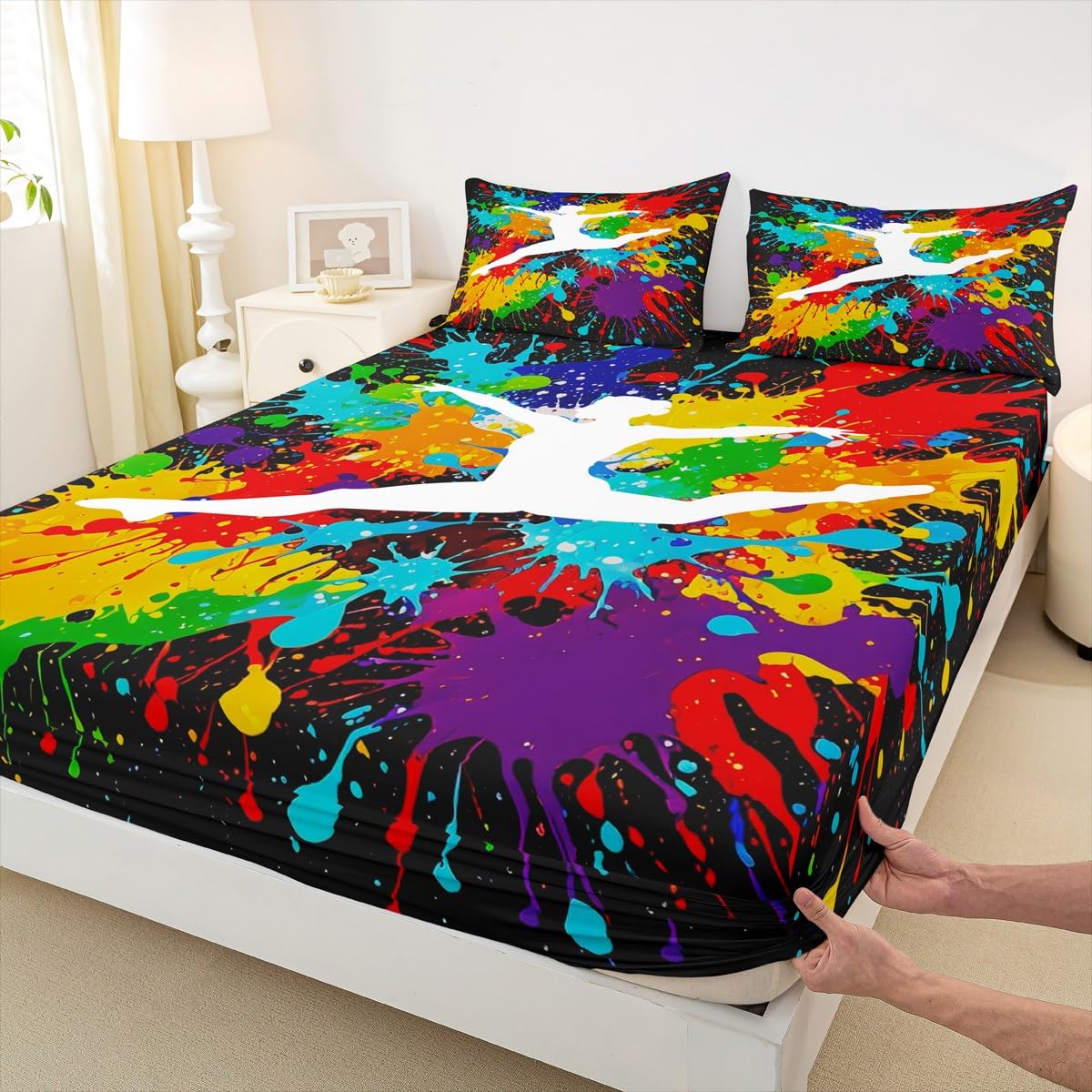 Erosebridal Gymnastics Fitted Sheet Deep Pocket Gifts for Girls Kids Full Size Rainbow Tie Dye Bed Sheets,Gymnast Sports Bedding Set Gymnastics Lover Sheets with 2 Pillow Cases Bedroom Decor