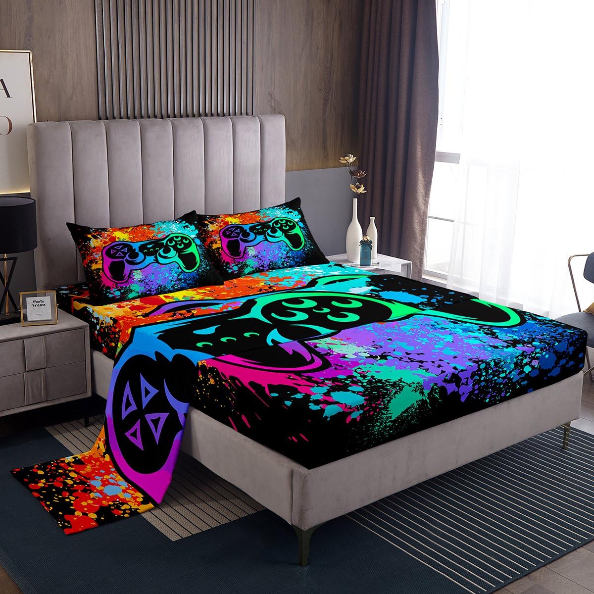 Erosebridal Gamer Bed Sheets King,Gaming Bed Sheet Set for Boys Game Room Decor,Tie Dye Bed Set for Kids Girls Teens Video Games Bedding Sheets,Gamepad Fitted Sheet + Flat Sheet + 1 Pillow Case