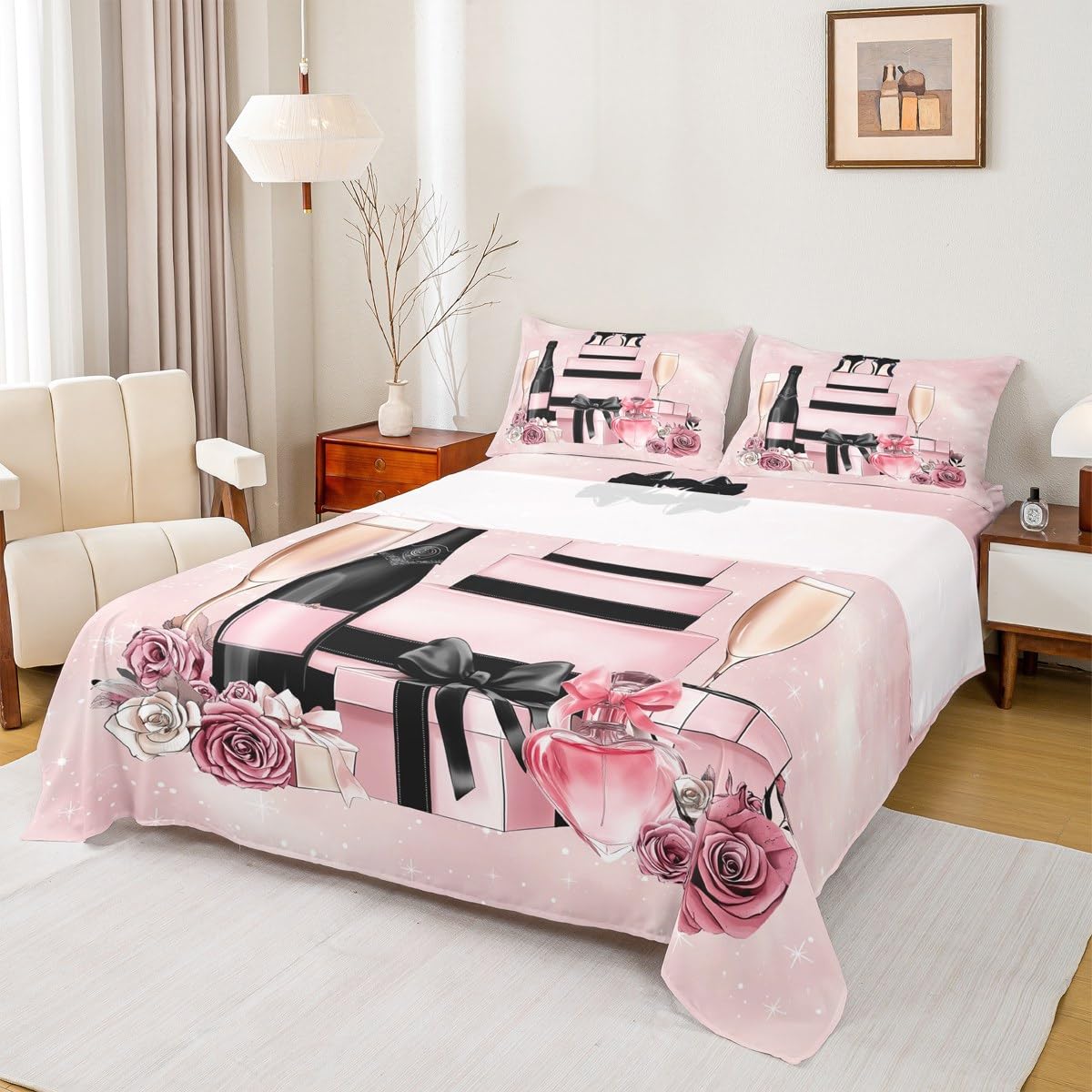 Erosebridal Pink Fashion Girly Bed Sheets King Retro Rose Floral Sheet Set for Girls Women Kids Teens High Heel Perfume Sheets Modern Coquette Bow Trendy Elegant Aesthetic Bedding Set,Pink and Black