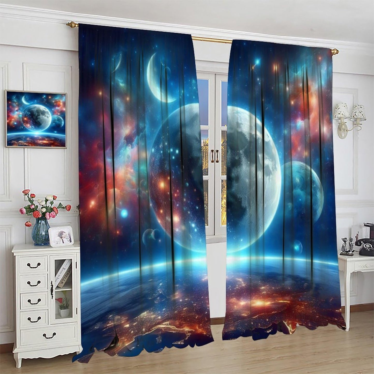 FAOTELY Galaxy Planet Curtains Earth Moon Outer Space Universe Nebula Stars Starry Sky Kids Blackout Window Drapes for Bedroom Living Room Kitchen Cafe Decor （W21xL45 Inch） x2 Panels