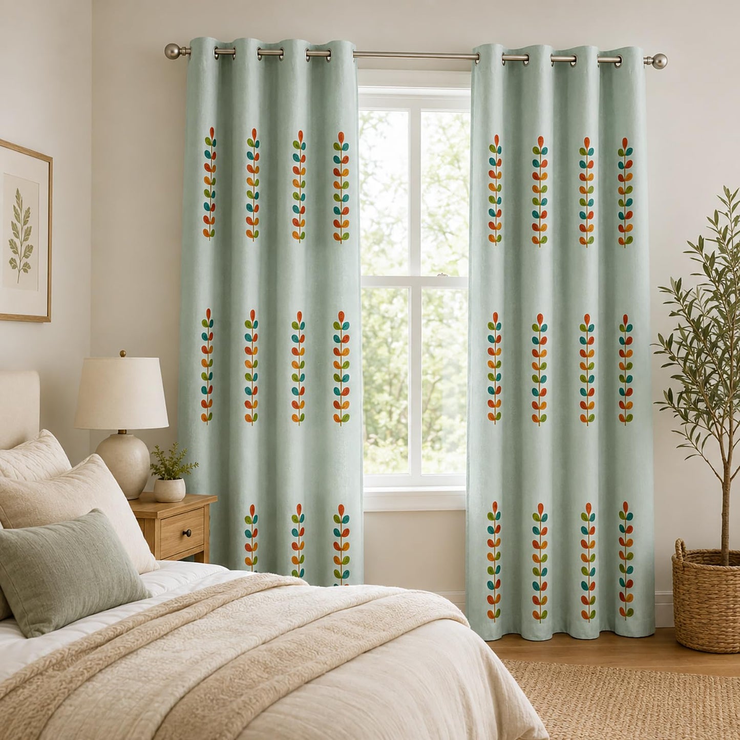 VOGOL Linen Curtains 96 Inches Long, Colorful Leaves Embroidered Grommet Drapes and Curtain Panels for Living Room/Bedroom, 52 X 96, 2 Pieces