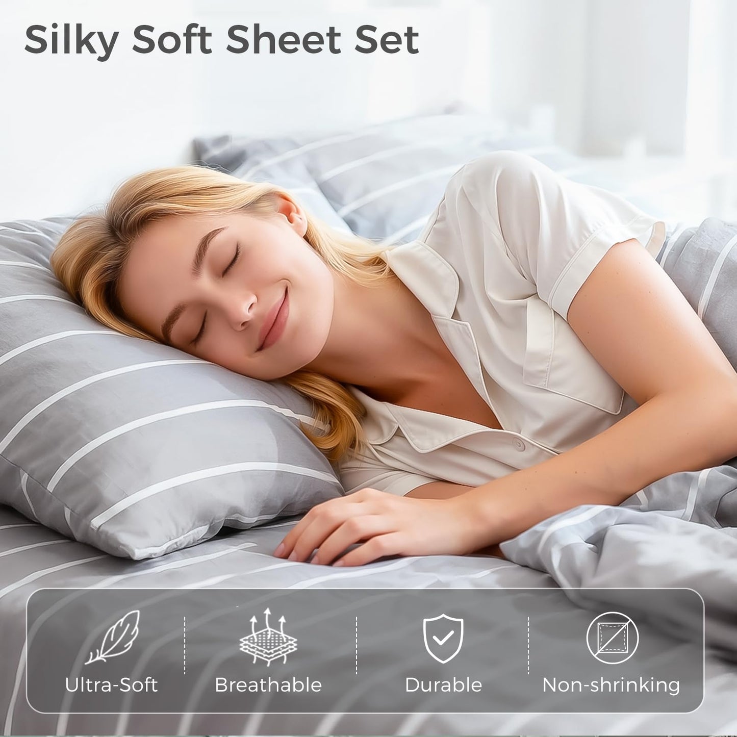 Tokokimo Gray Stripe Sheets Set King Size, 16 inches Deep Pocket Fitted Sheet, Flat Sheet & Envelope Closure Pillowcases, Soft Breathable Microfiber Sheet Set 4-Piece, Gray and White