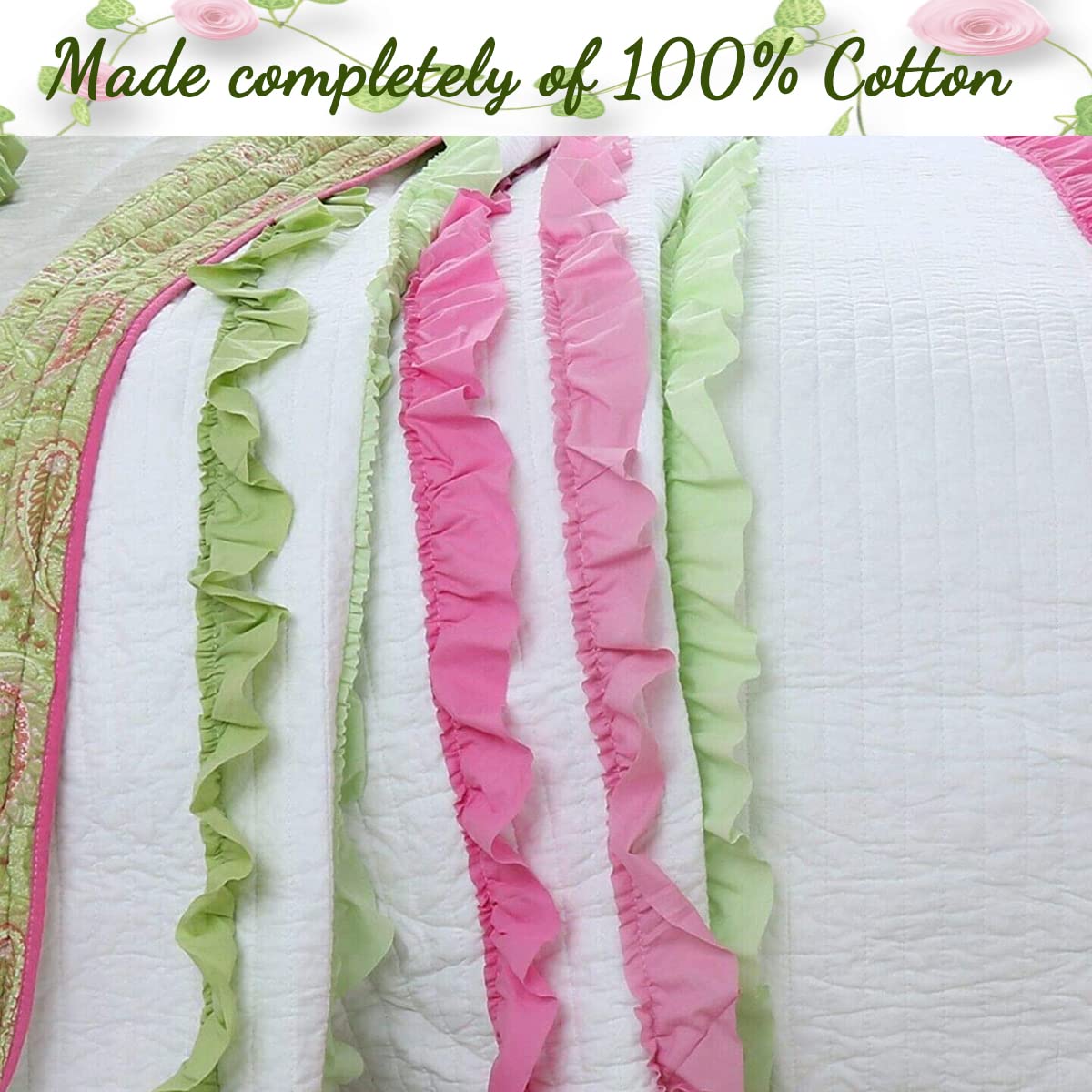 Cozy Line Home Fashions Pink Green Chic Ruffles Girl 100% Cotton Reversible Quilt Bedding Set, Coverlet, Bedspreads (Twin - 2 Piece: 1 Quilt + 1 Sham)