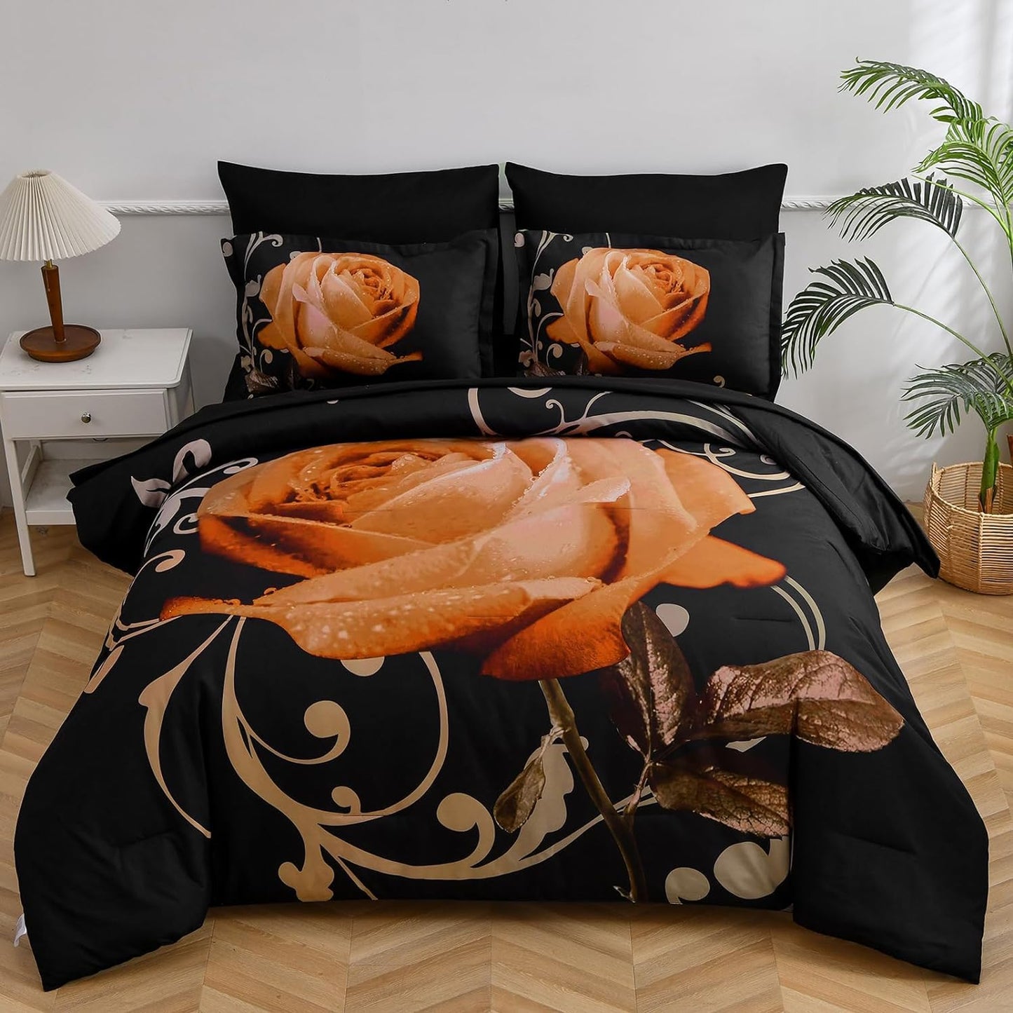 Xruibed Floral Comforter Set King 7 Piece Bed in a Bag Orange Rose Flower Comforter with Sheet Set Soft Micorfiber Bedding Set (1 Comforter,2 Pillow Shams,1 Flat Sheet,1 Fitted Sheet,2 Pillowcases)