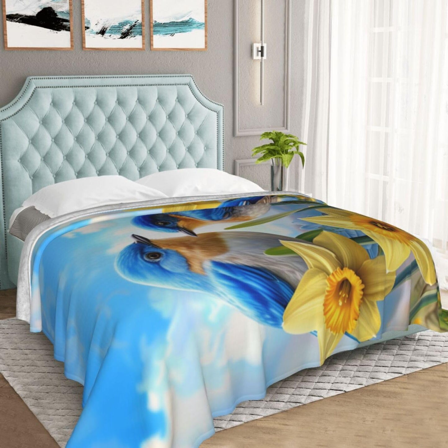 Qycazzw Bluebird Blanket Gifts for Women Kids, Bird and Floral Theme Flannel Blankets, Warm Cozy Soft Throw for Bedroom, Camping, Couch, Decor 50x60 in