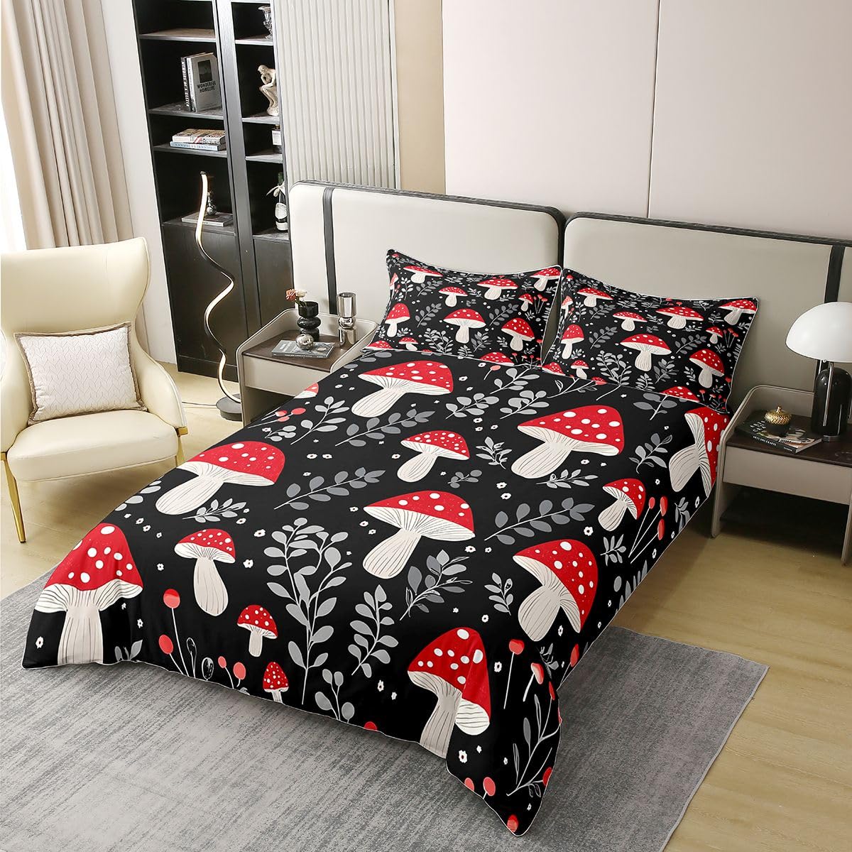 100% Cotton Cute Mushroom Duvet Cover Queen, Cartoon Botanical Plants Bedding Set for Kids Girls Boys, Kawaii Black Red Comforter Cover, Mushrooms Natural Wild Fungus Bedroom Decor Quilt Cover