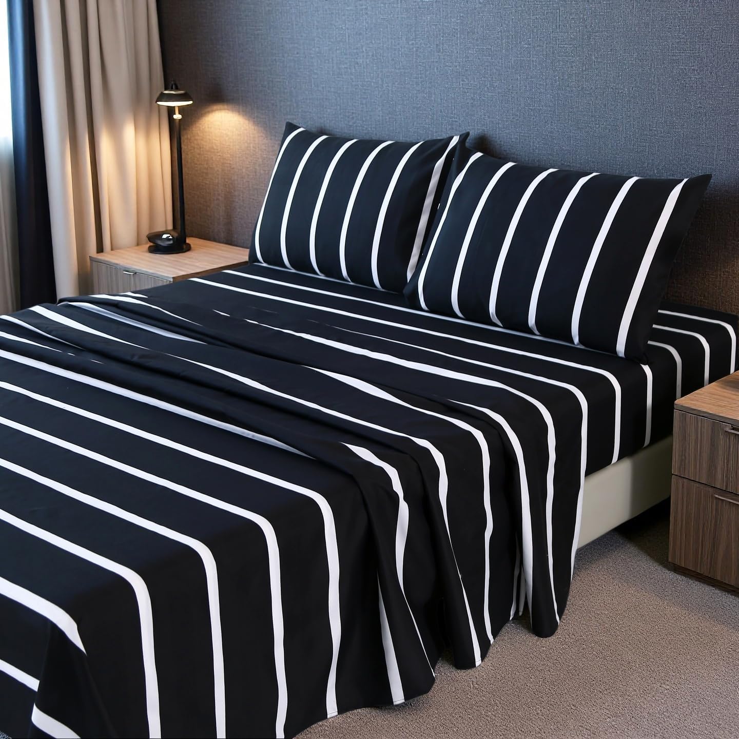 MAG 4Pcs Striped Queen Sheets Set,Black and White Microfiber Sheet Set Queen Size,Included 1 Fitted Sheet 14'' Deep Pocket+1 Flat Sheet+2 Pillowcases Soft and Breathable,Wrinkle and Fade Resistant.