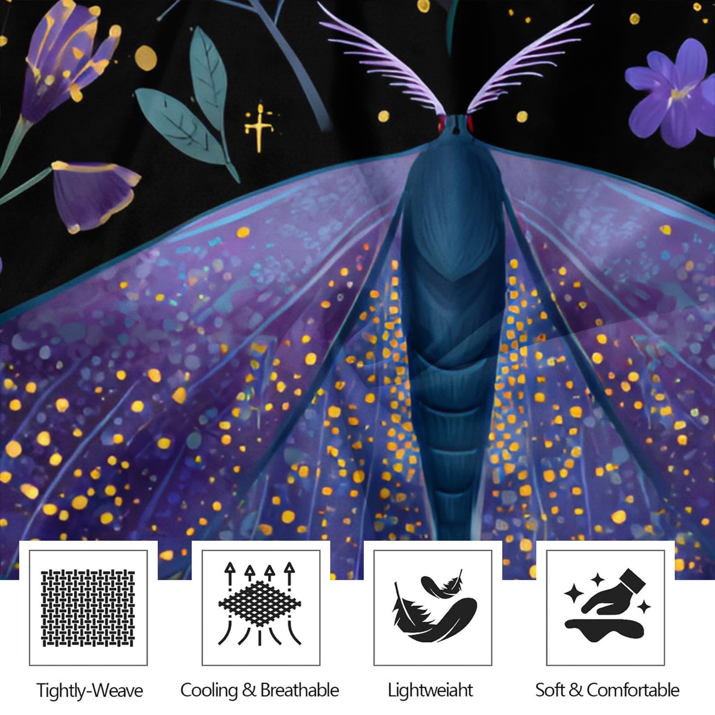 Purple Night Moth Sheet Set King for Women Girls Room, Kids Glowing Mushroom Enchanted Forest Bed Sheets Sets Exotic Floral Bedding Sheets Set Room Decor 4Pcs(Fitted & Flat Sheet+2 Pillowcases)